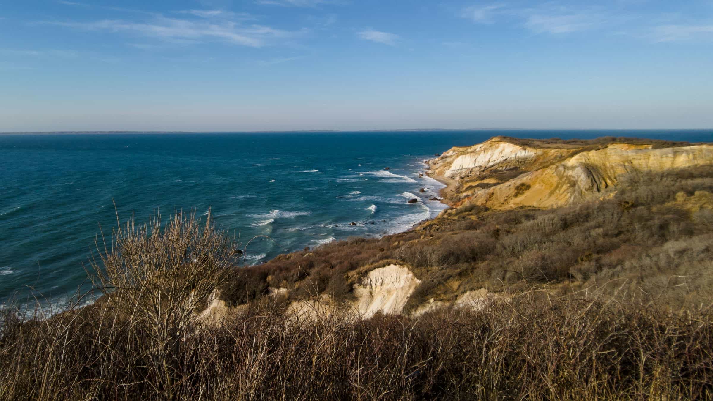 a view of the ocean from the top of a brown brush covered hill