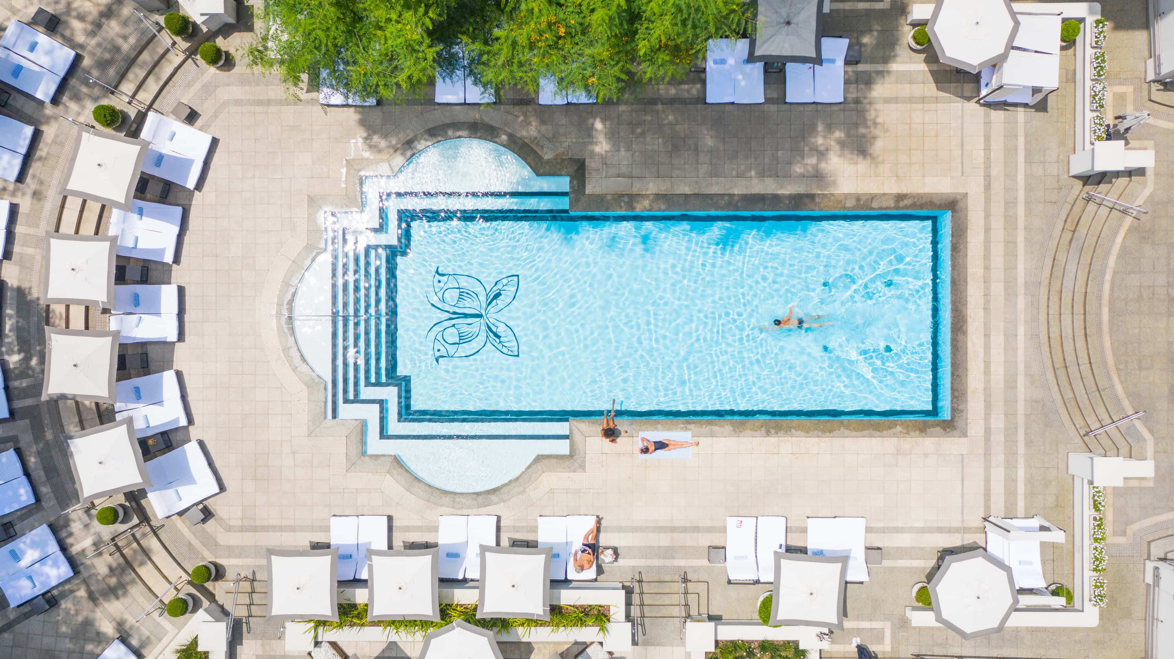 An aerial image of an elegant outdoor hotel pool with logo printed on the base of the pool with white sun loungers and greenery surrounding pool area.