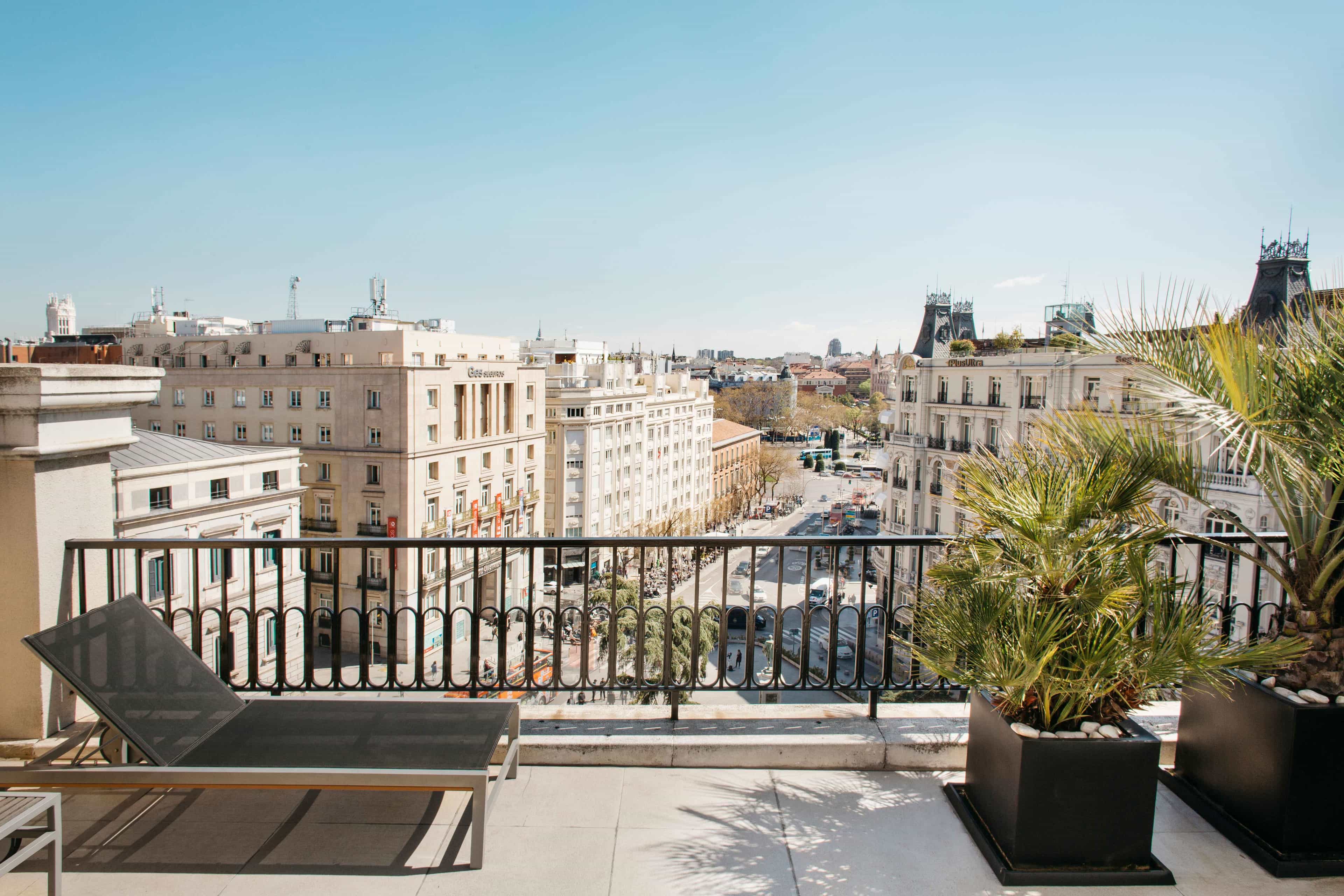 Rooftop terrace with lounge chair and potted palms overlooking historic buildings and a bustling street in Madrid.