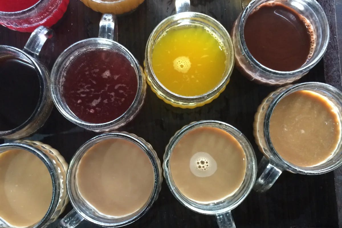 Different types of drinks in a tray