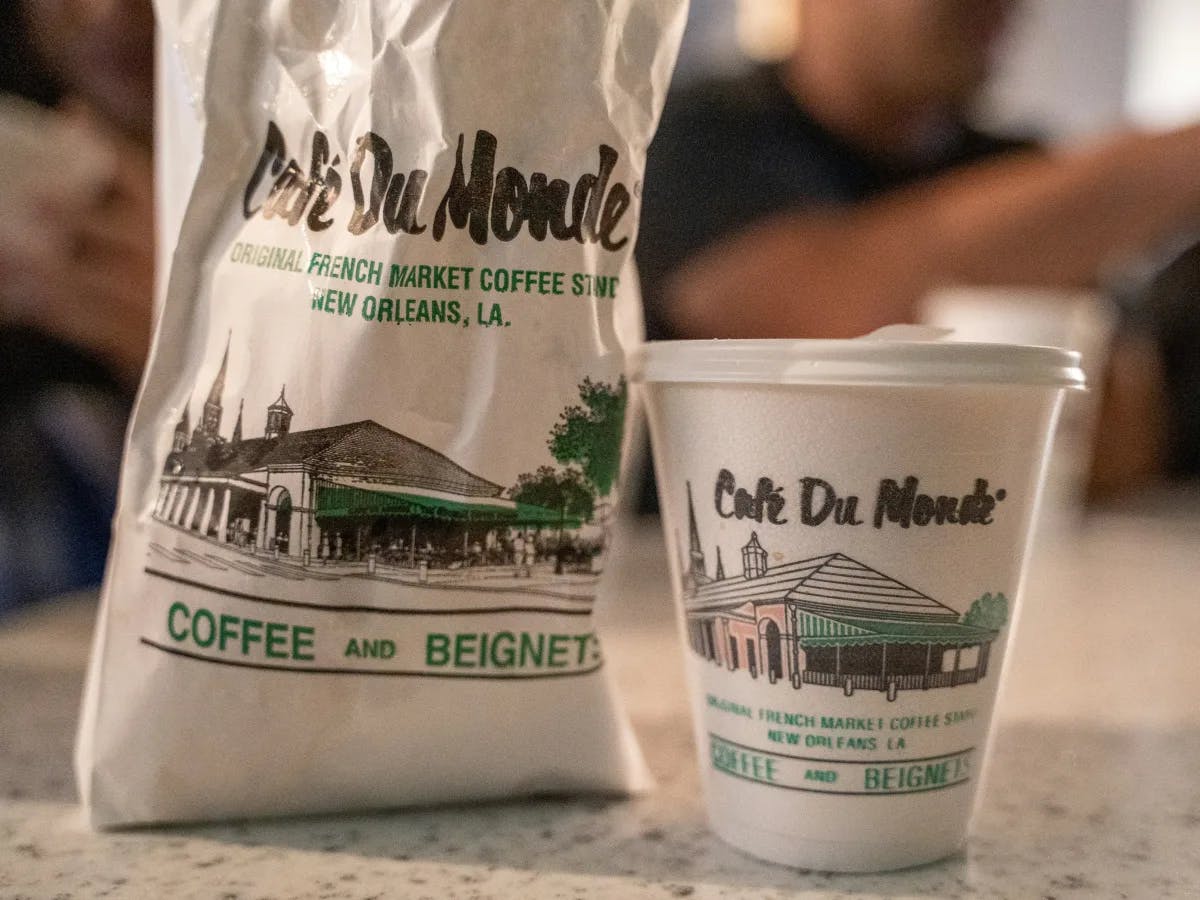 A picture of beignets and cafe au lait from Cafe Du Monde.