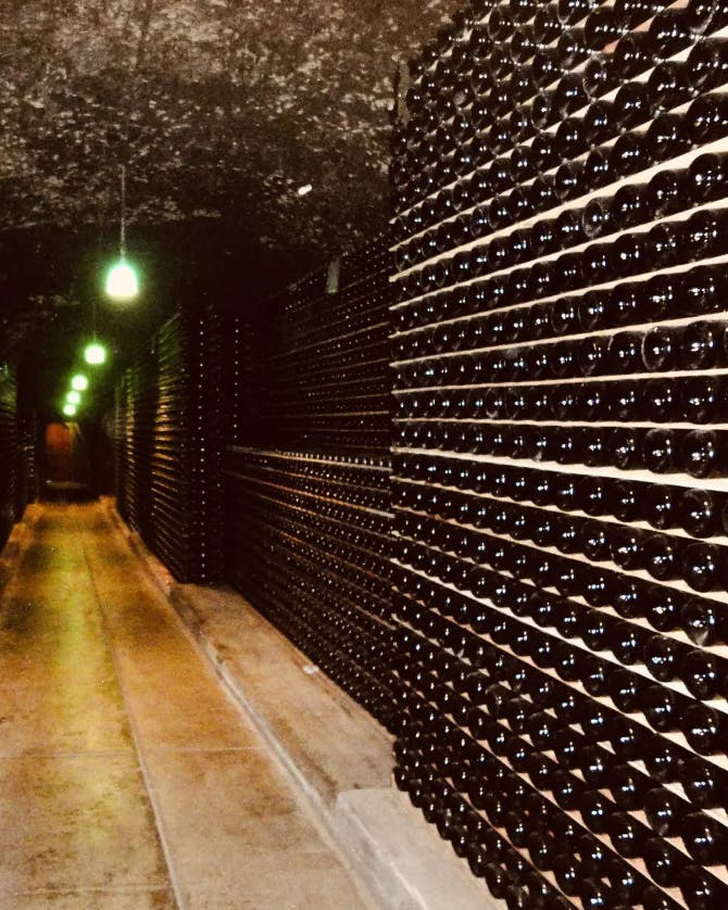 A wine cellar with a long, concrete hallway full of wine bottles. 