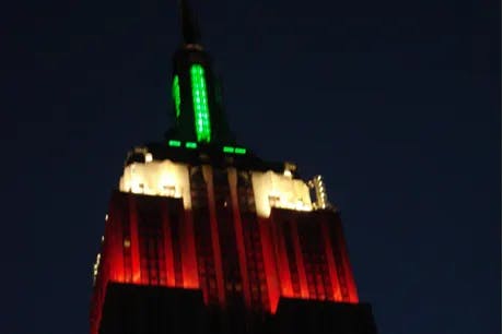 In celebration of Christmas, the Empire State Building Christmas Lights are in Red, Green & Candy Cane Stripe. 