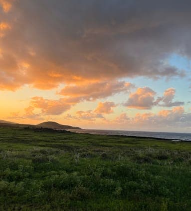 Beautiful colors of sunset over green fields on a cloudy day