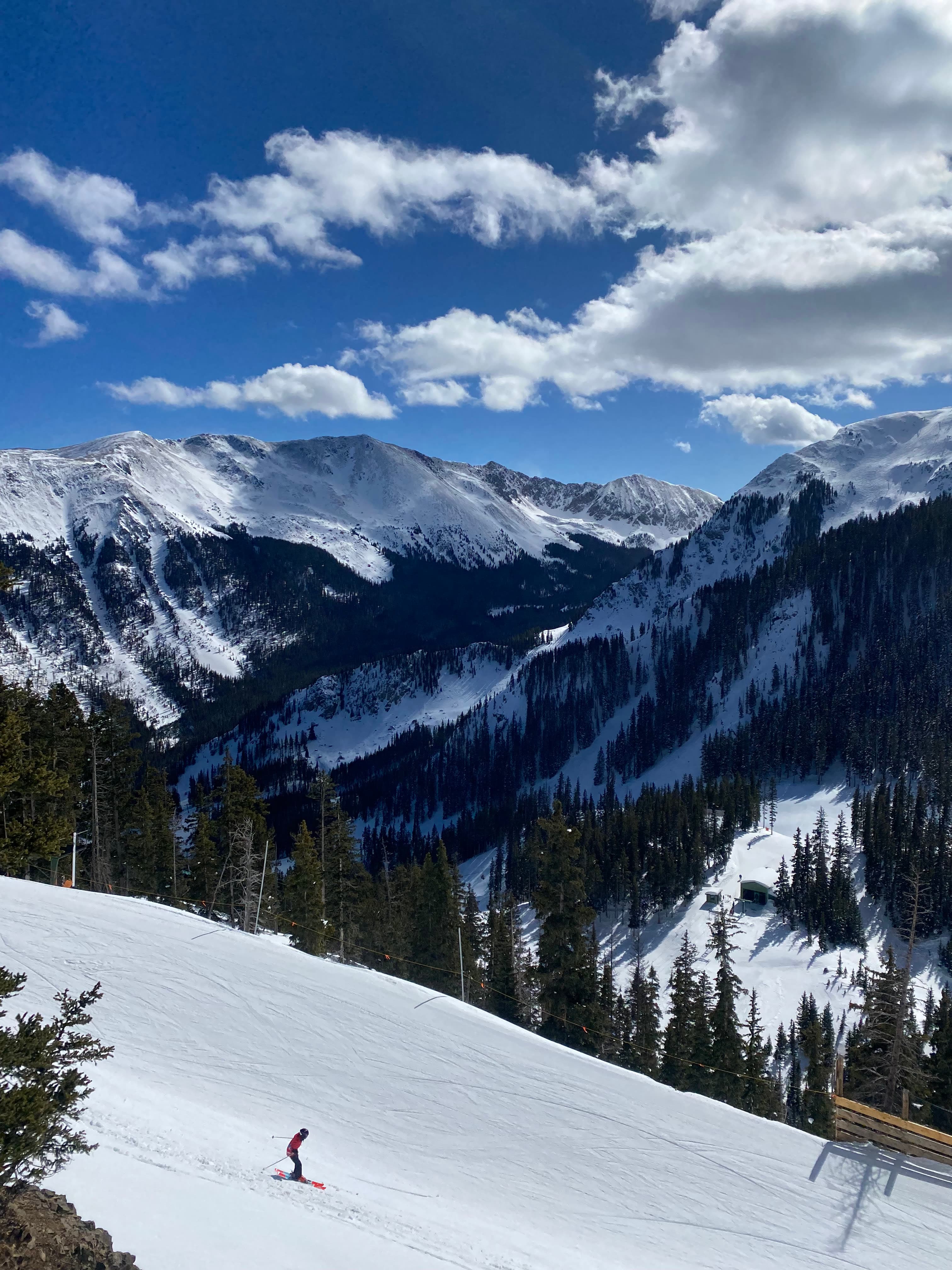 Beautiful view of a snowy mountain range from a ski slope on a sunny day