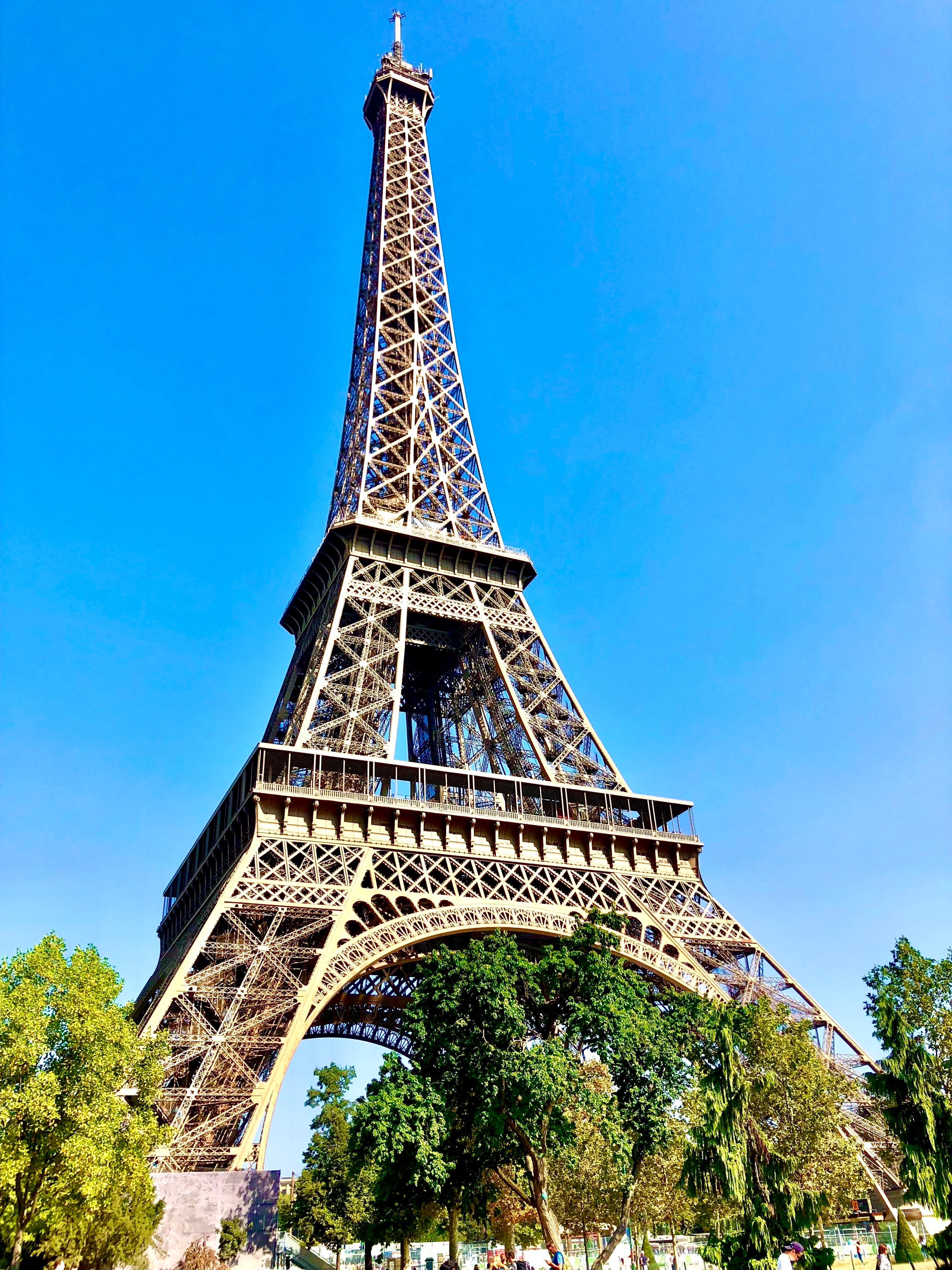 A beautiful view of the Eiffel Tower with foliage in the distance on a sunny day.