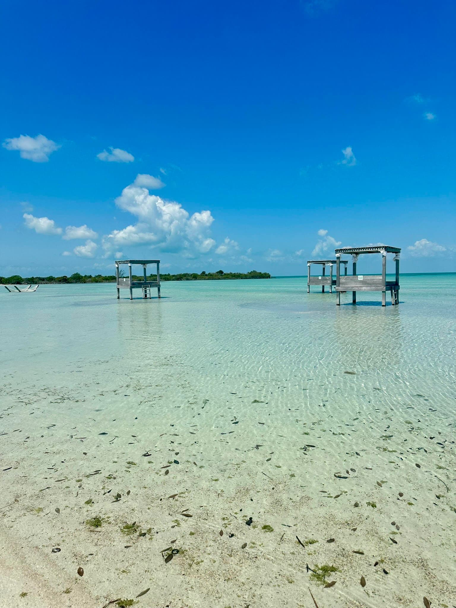View of three wooden structures standing in shallow ocean water on a sunny day