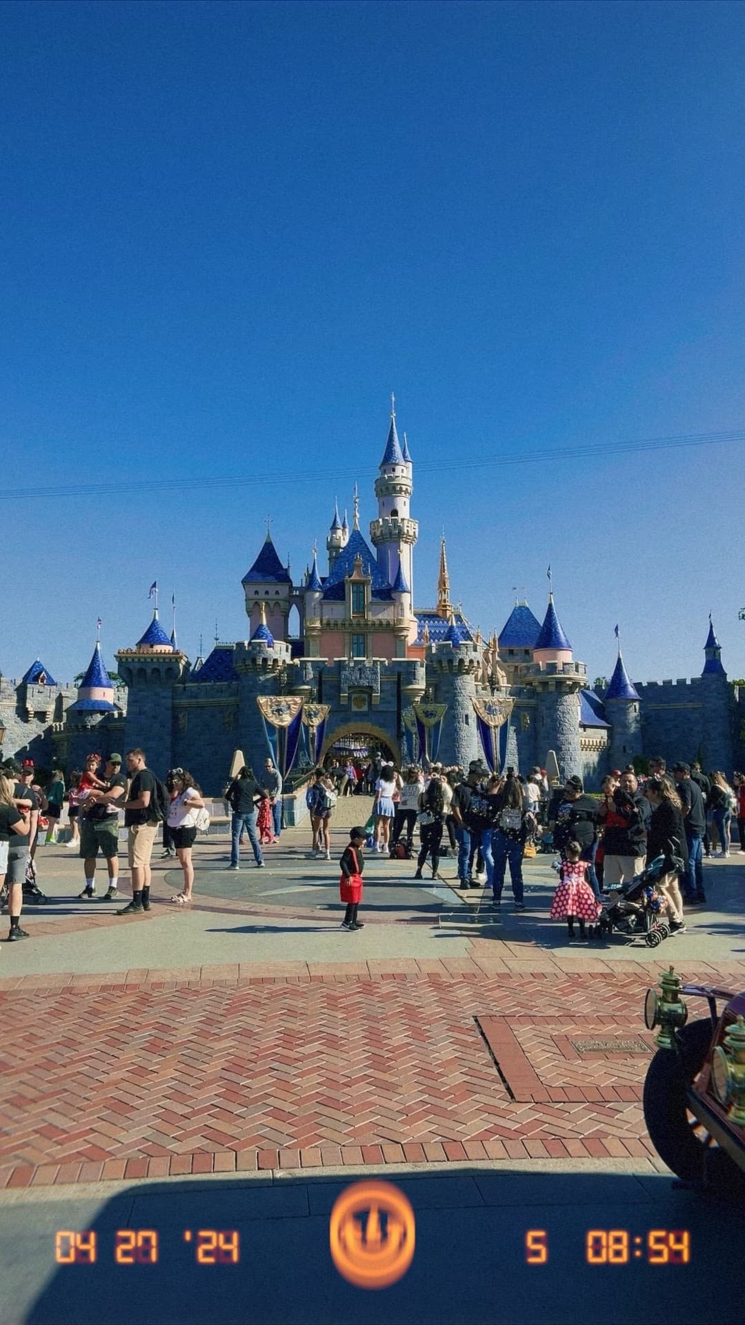 A film photo of the Disney castle with a busy crowd of people of all ages moving around in the plaza in front of it. 