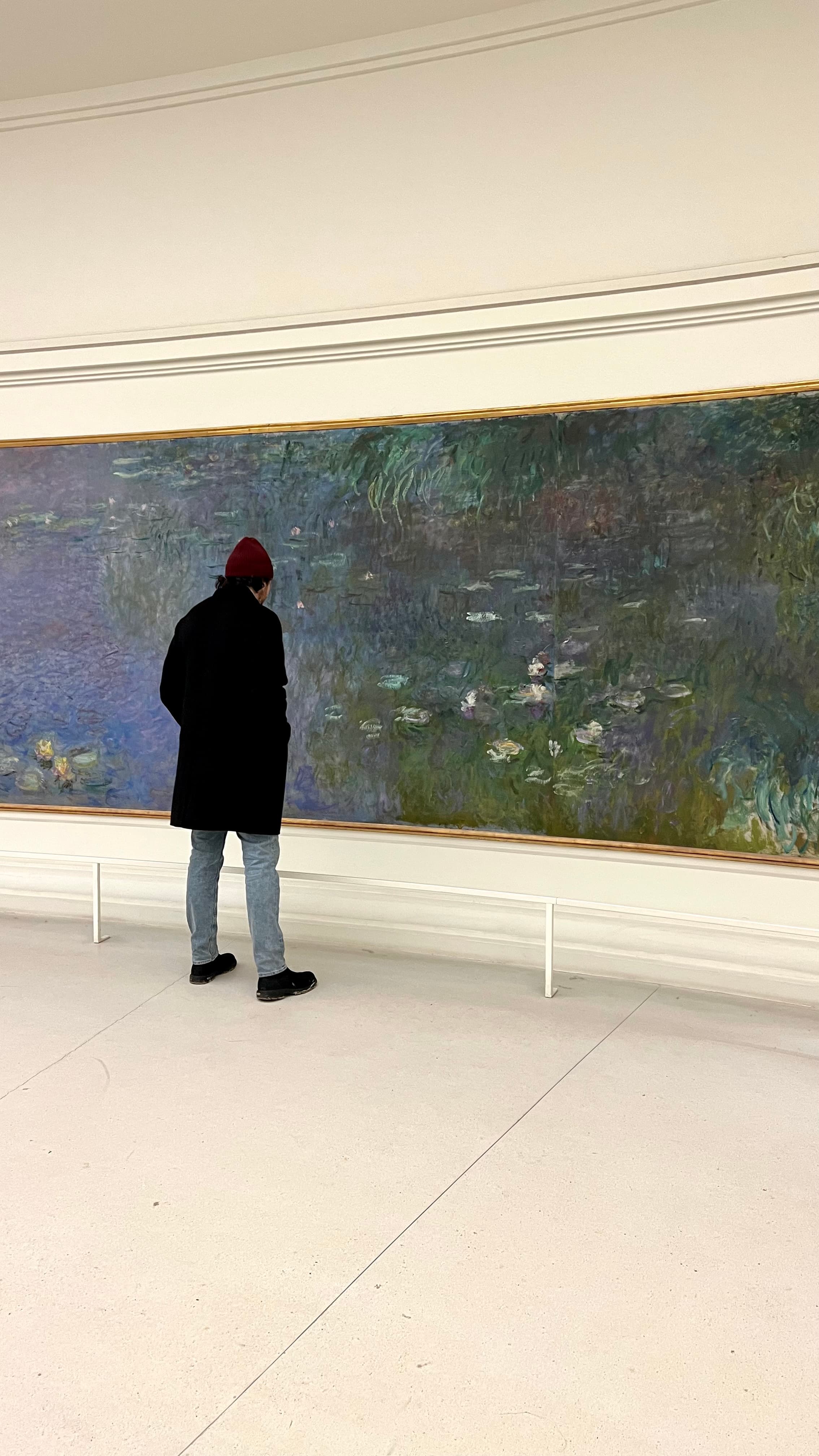 Advisor wearing a black coat and looking at Monet’s lilipad paintings in a Paris museum
