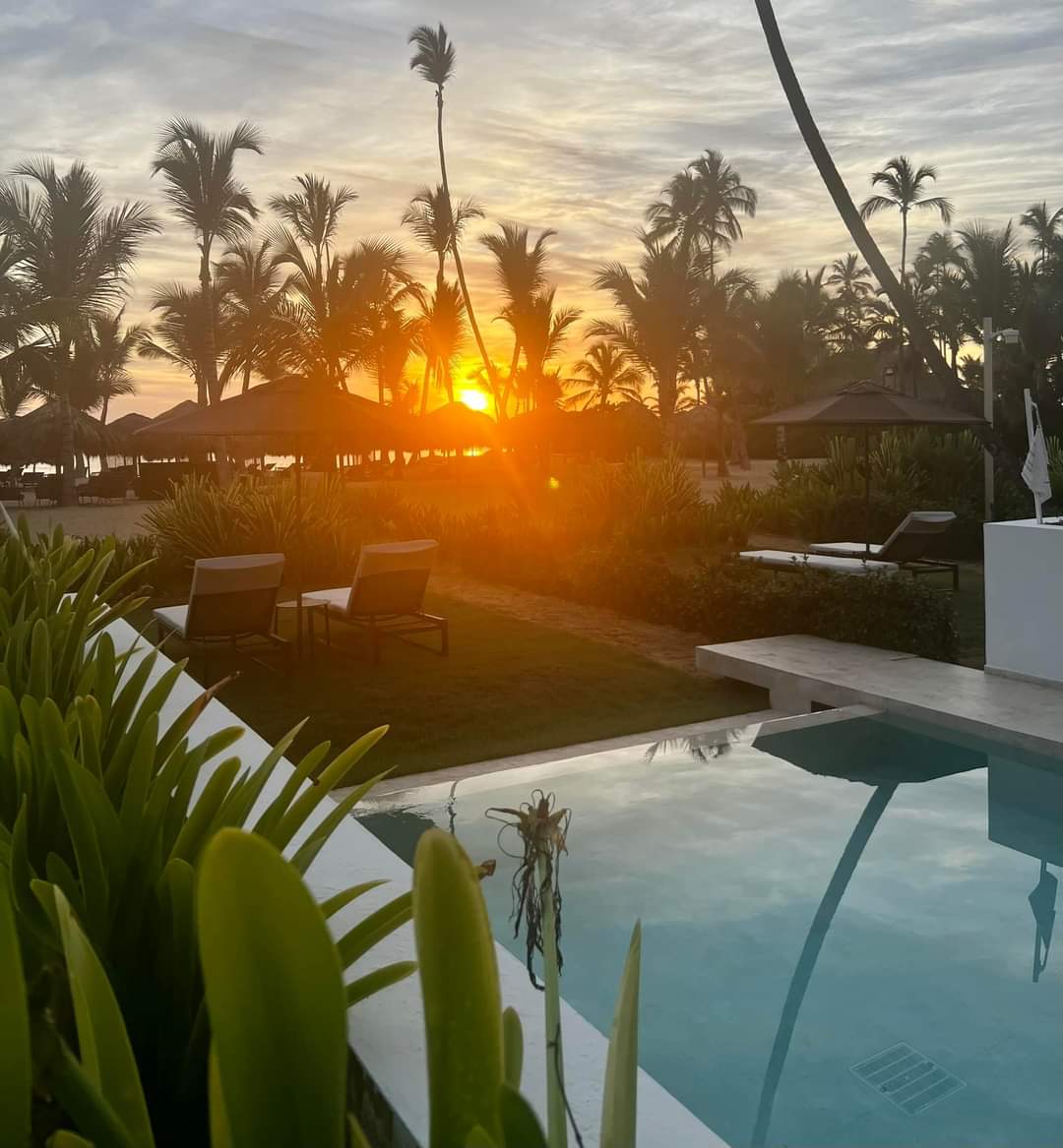 A view of a sunset with palm trees in the distance and a luxurious pool. 