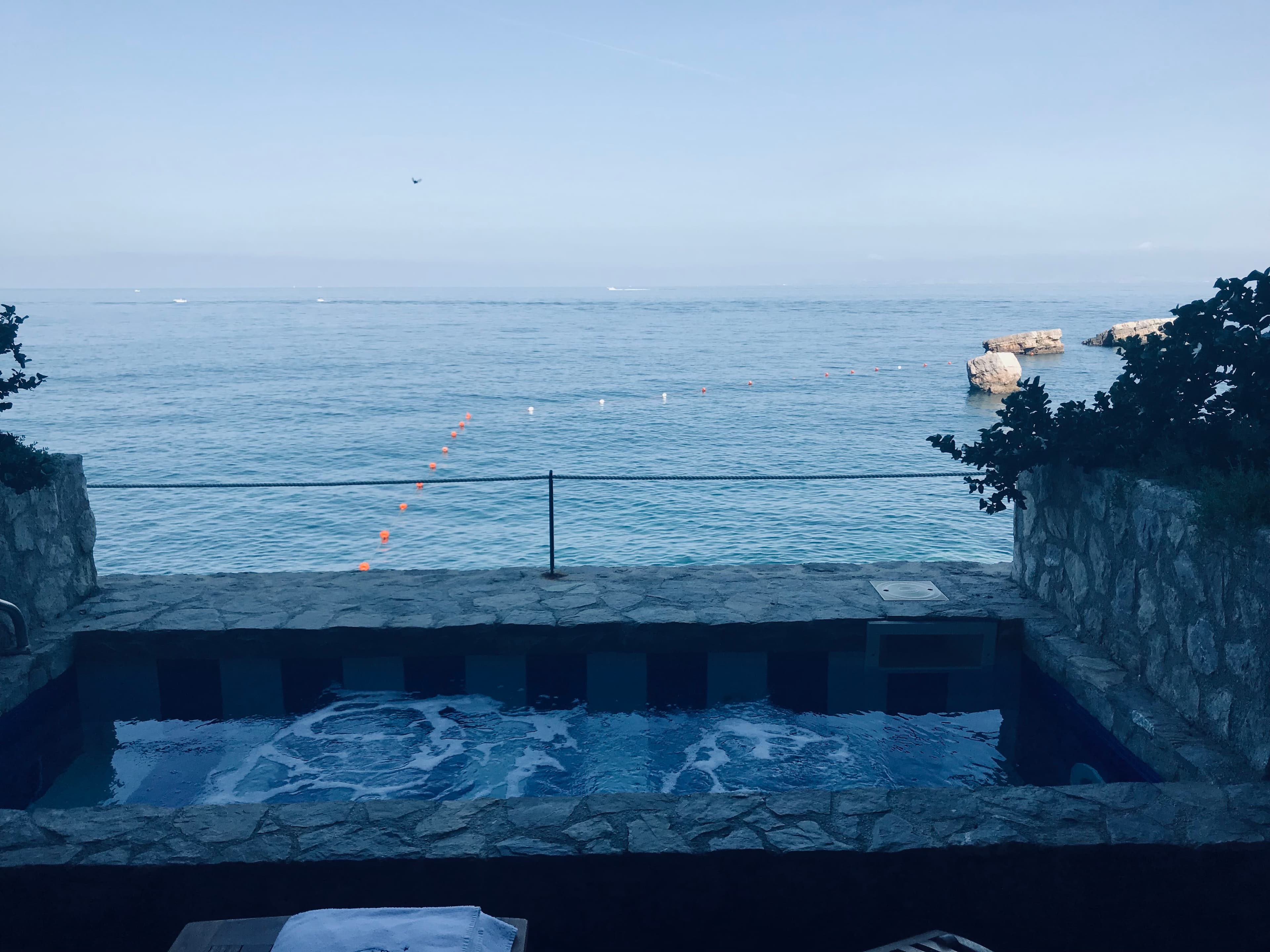 View of a small plunge pool overlooking the ocean and surrounded by plants