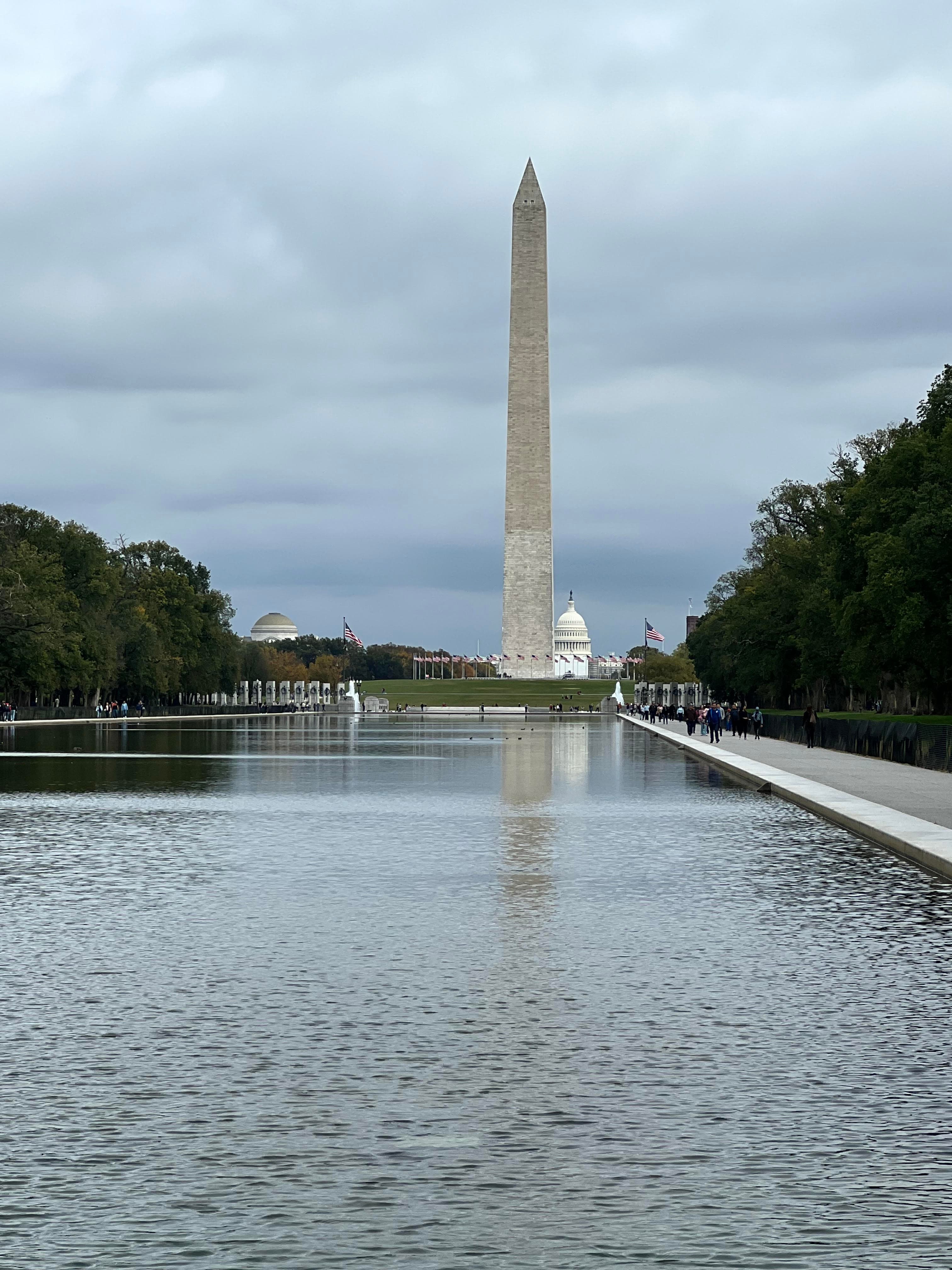 Image of the National Monument in front of the reflecting pool on a cloudy day. 
