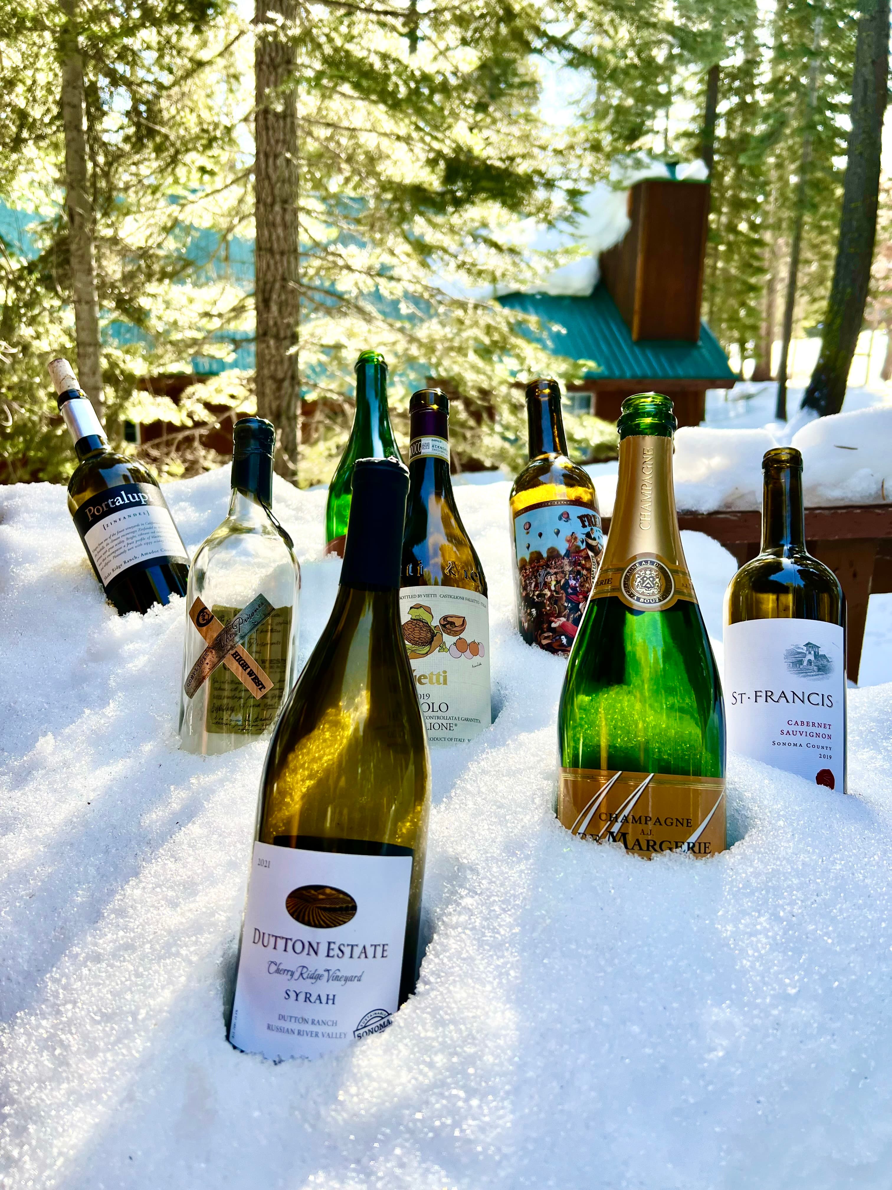 View of several wine and champagne bottles being kept cold in the snow with pine trees visible behind them