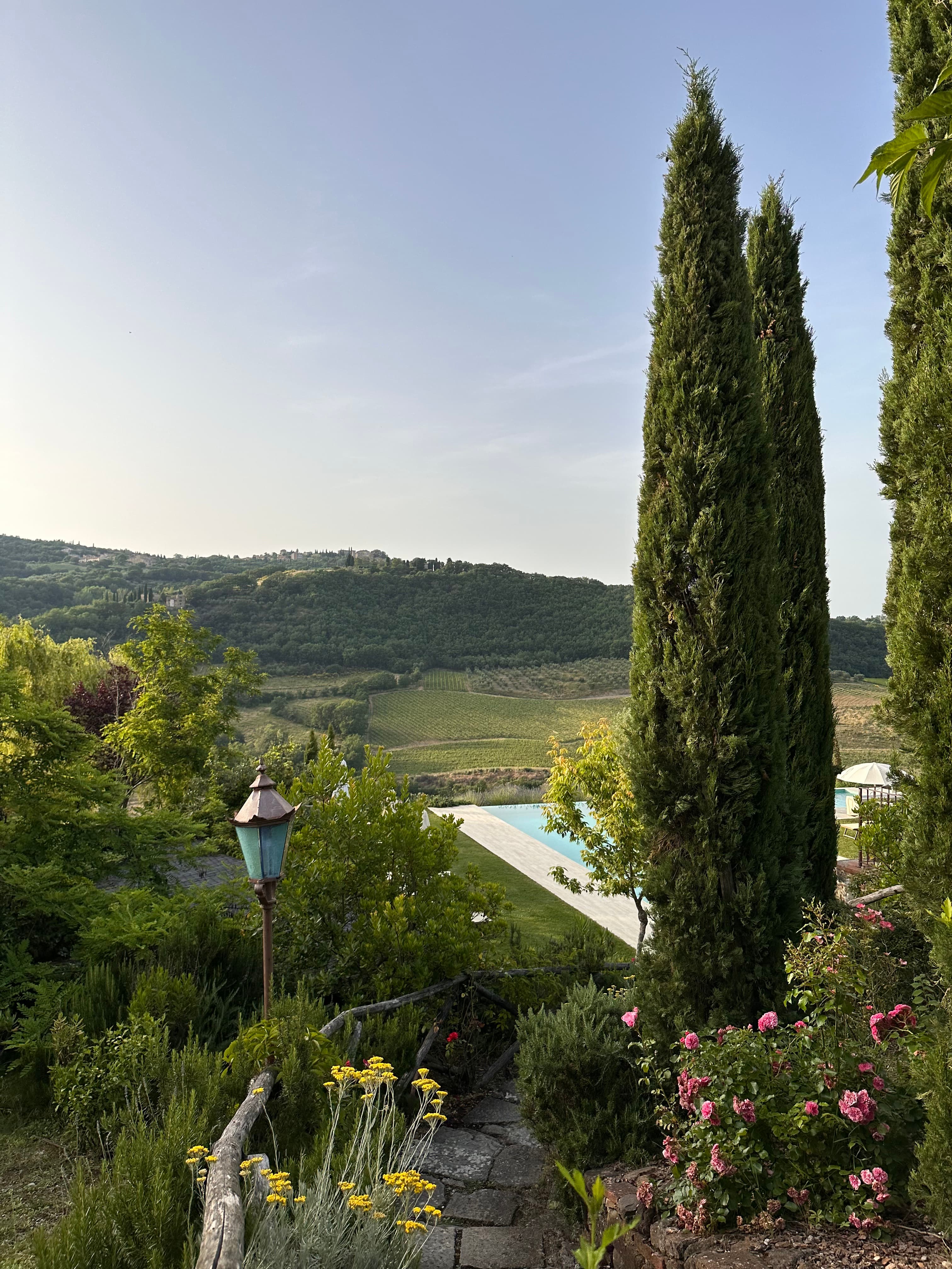 A view overlooking a beautiful green garden, blue pool and lush hillside during the day.