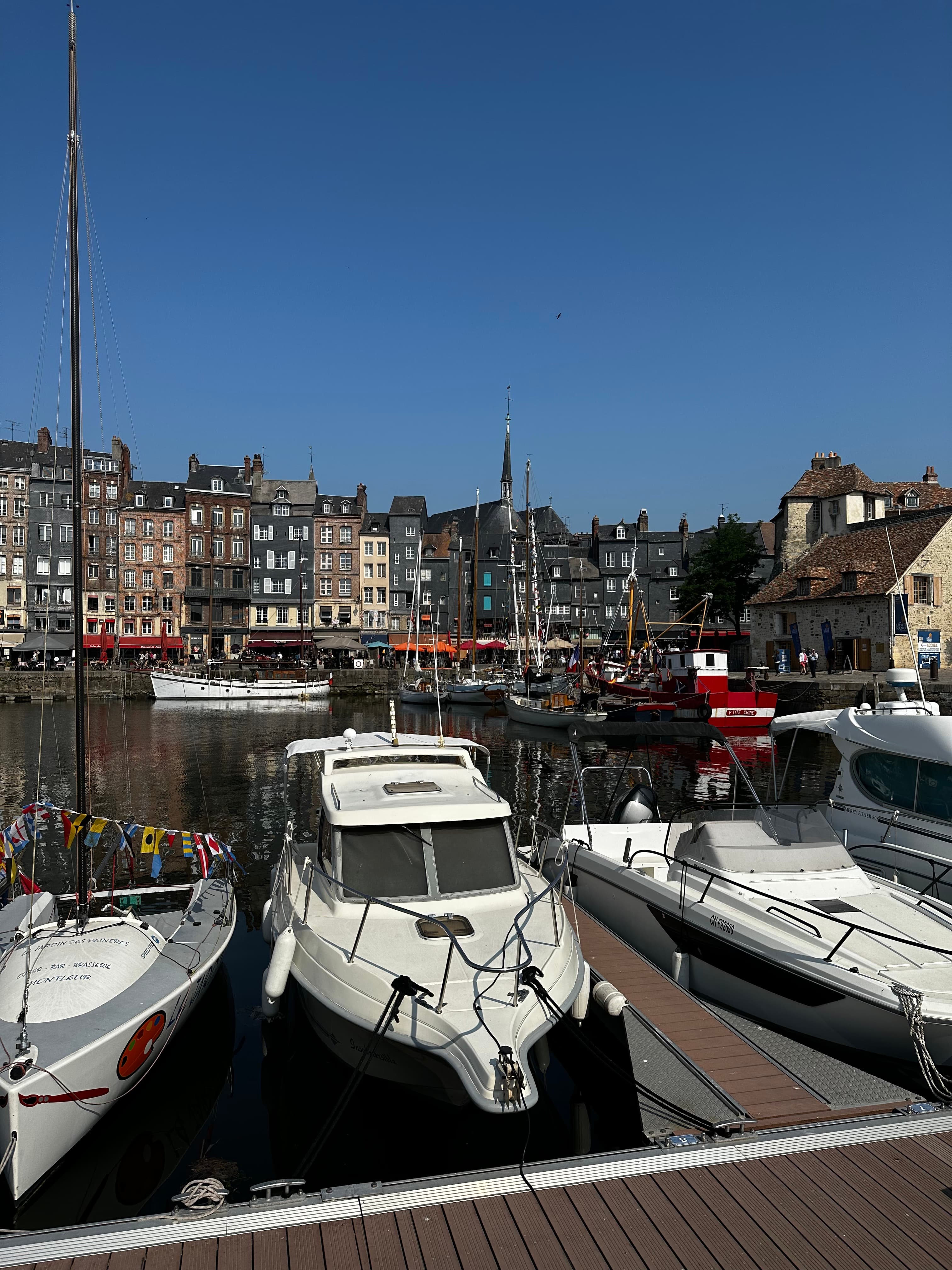 View of several large boats docked in a sunny harbor with narrow buildings lined up in the distance
