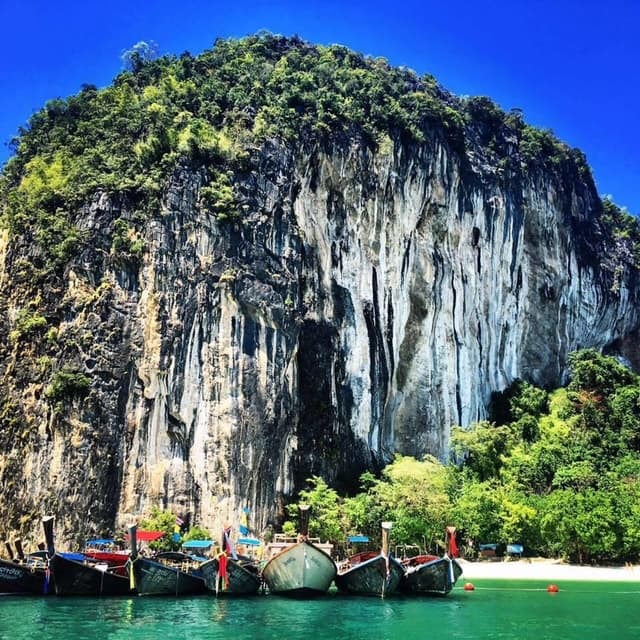 View of five fishing boats floating in front of a beach besides a large, lush green, steep cliff face