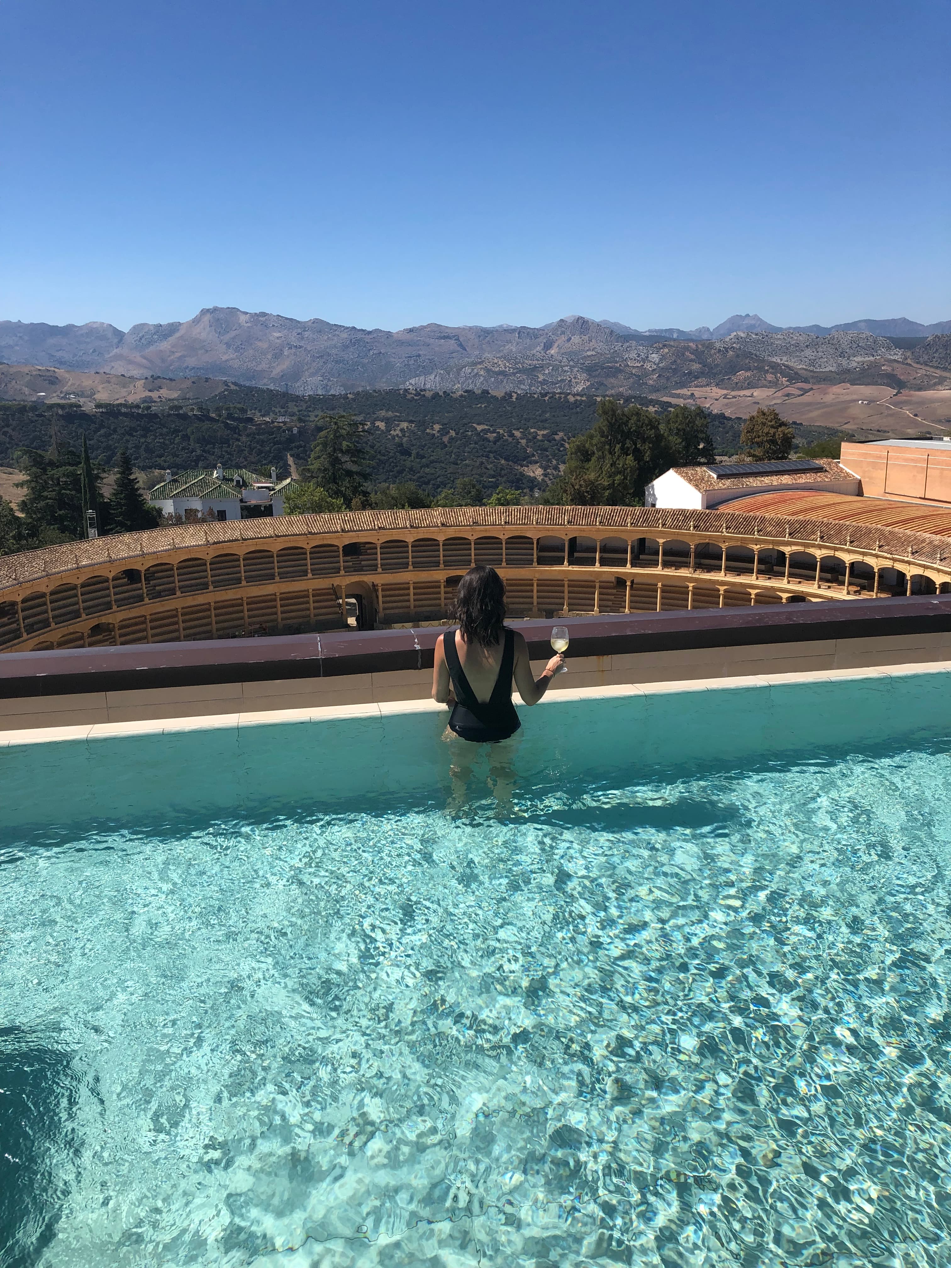 Poolside view overlooking mountains.