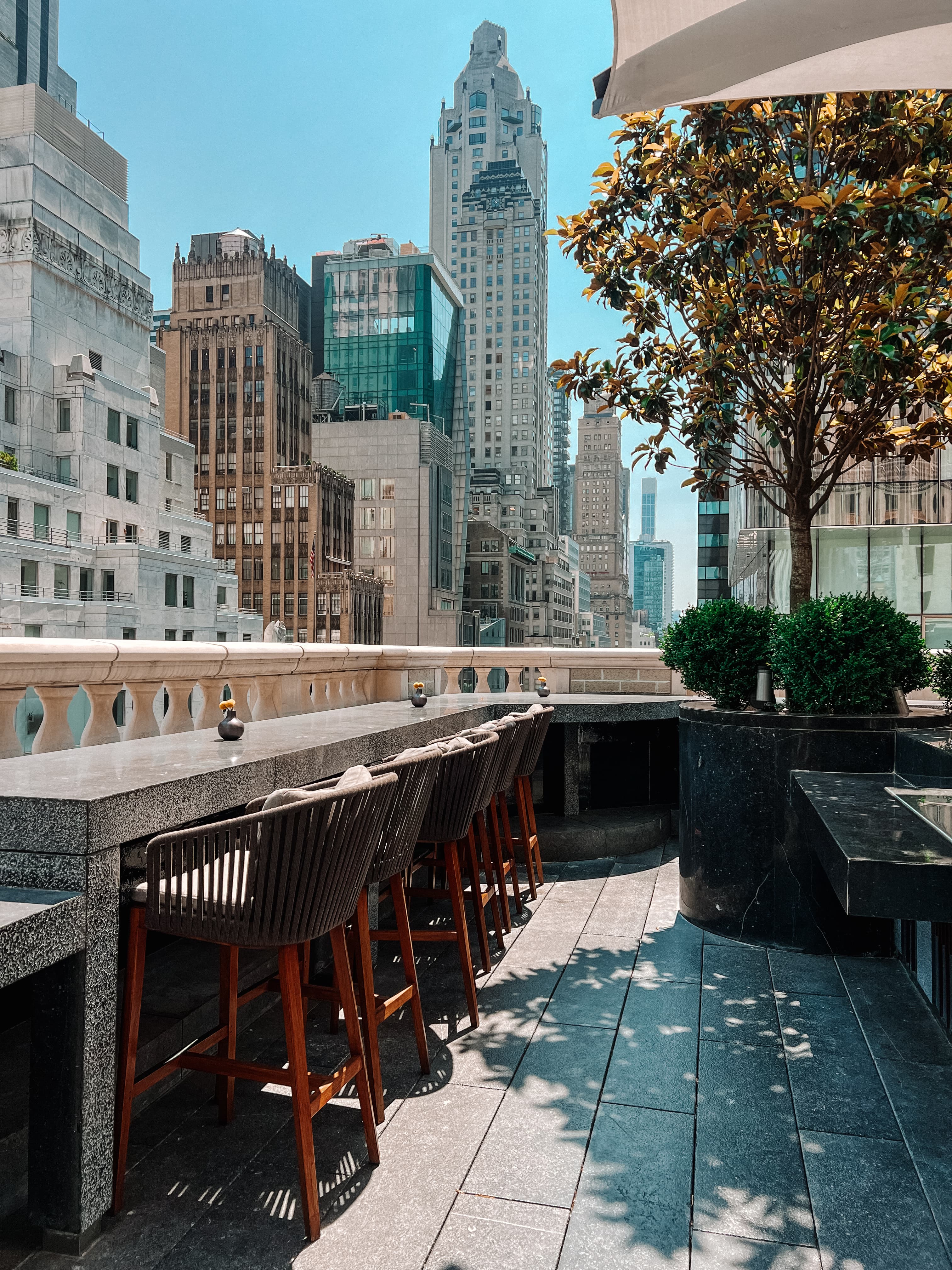 View of skyscrapers in New York City from a rooftop on a sunny day