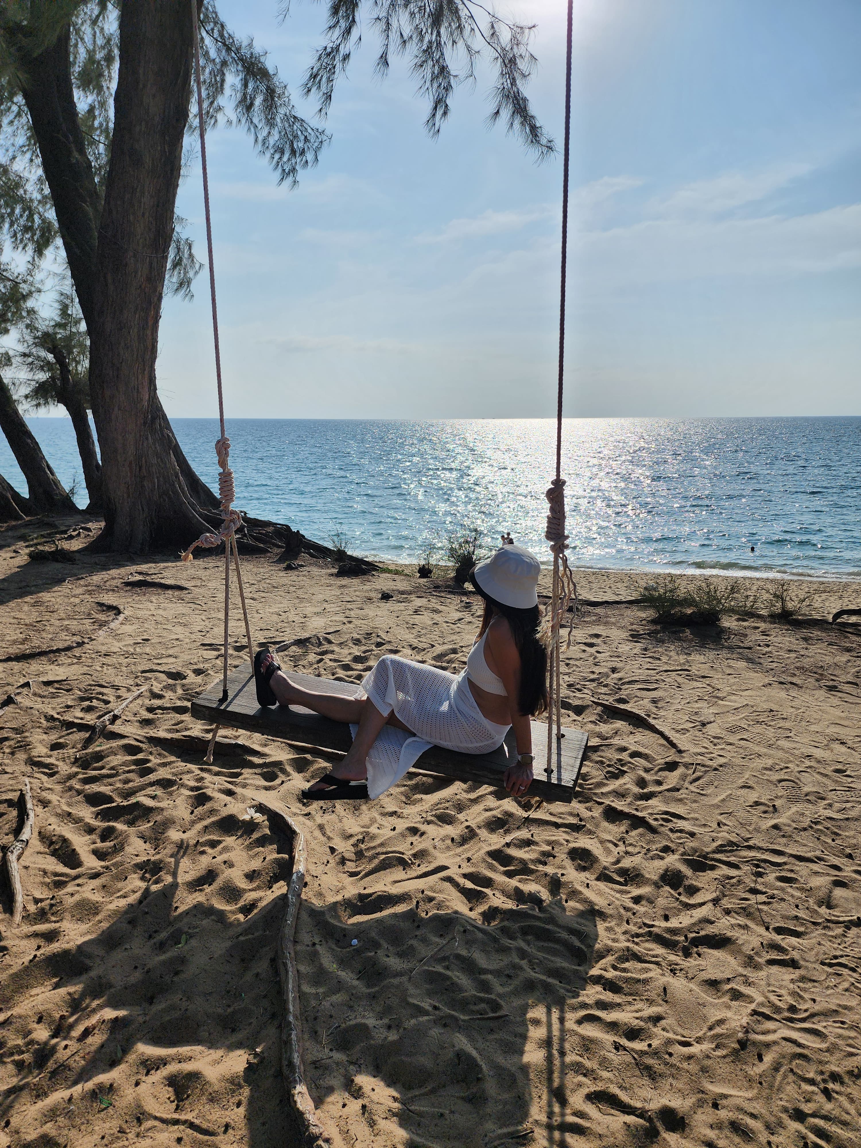 Advisor sitting on a swing attached to a tree on the beach during the daytime.