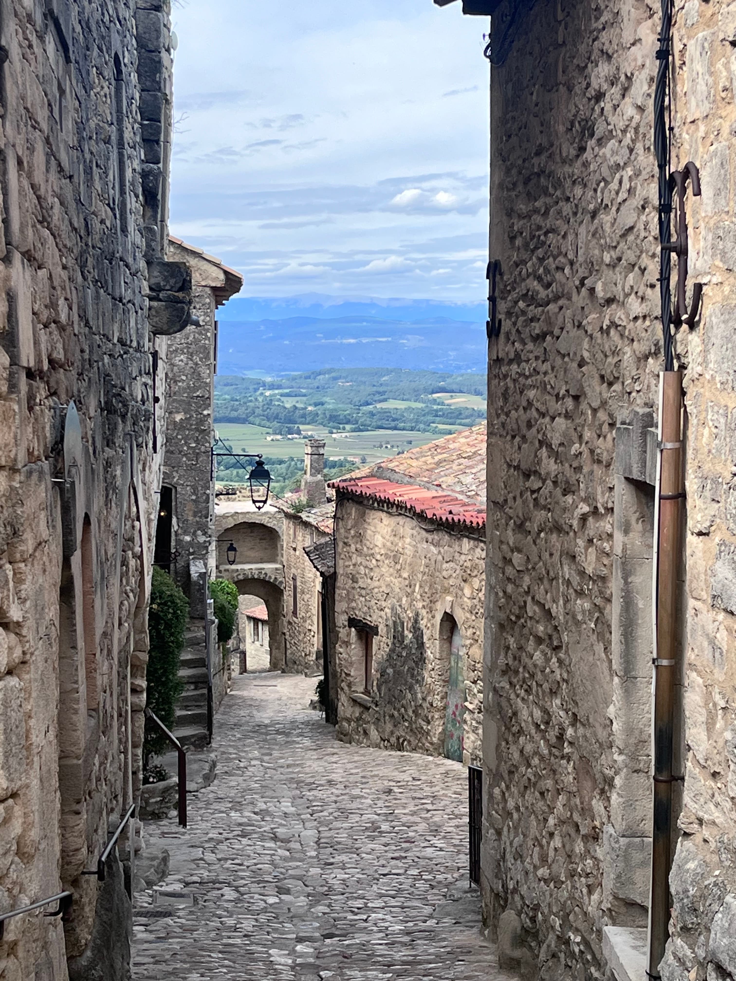 A view of ancient buildings with the fields and mountains in the distance. 