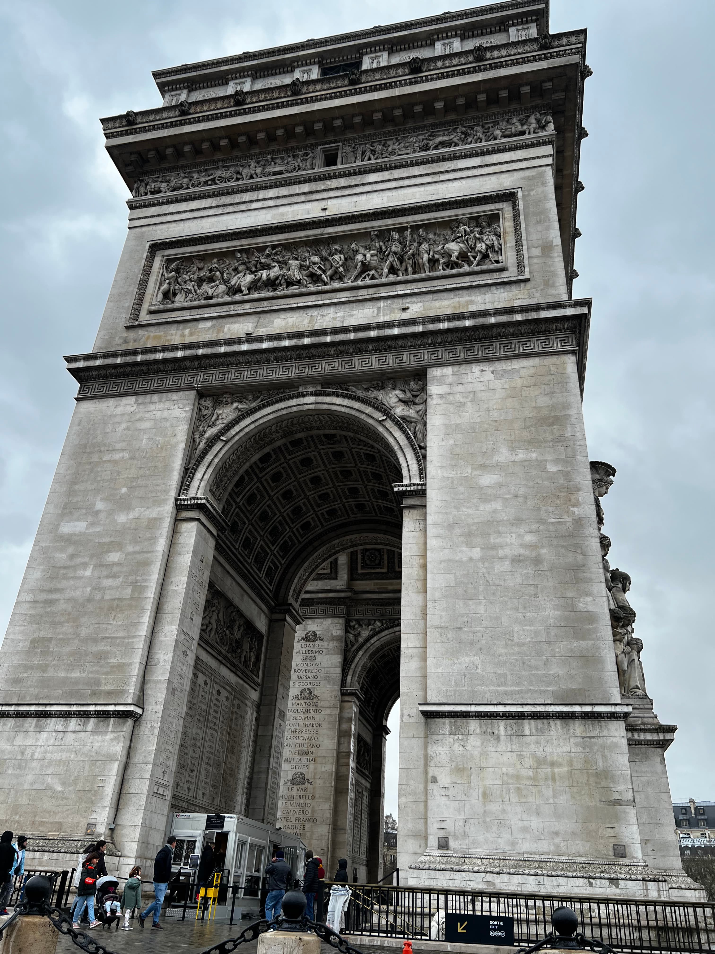 Side angle view of the Arc de Triomphe in Paris on a cloudy day