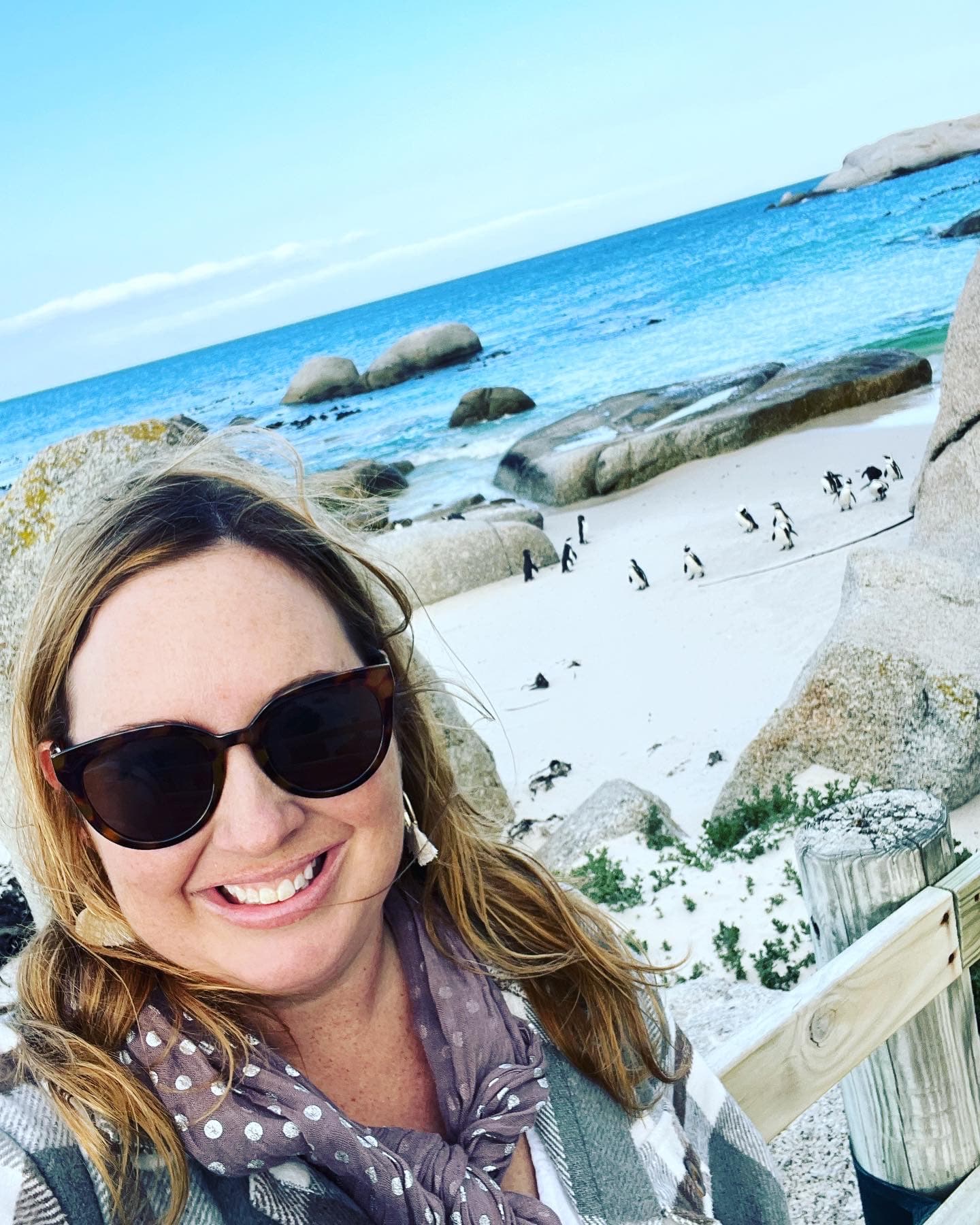 Advisor taking a selfie on a beach with penguins visible behind her