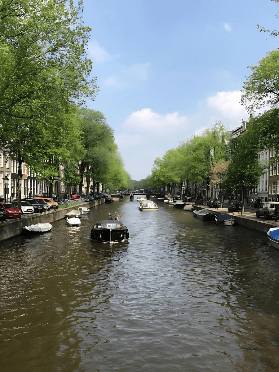 View of a canal in Amsterdam with a boat in the center on a sunny day