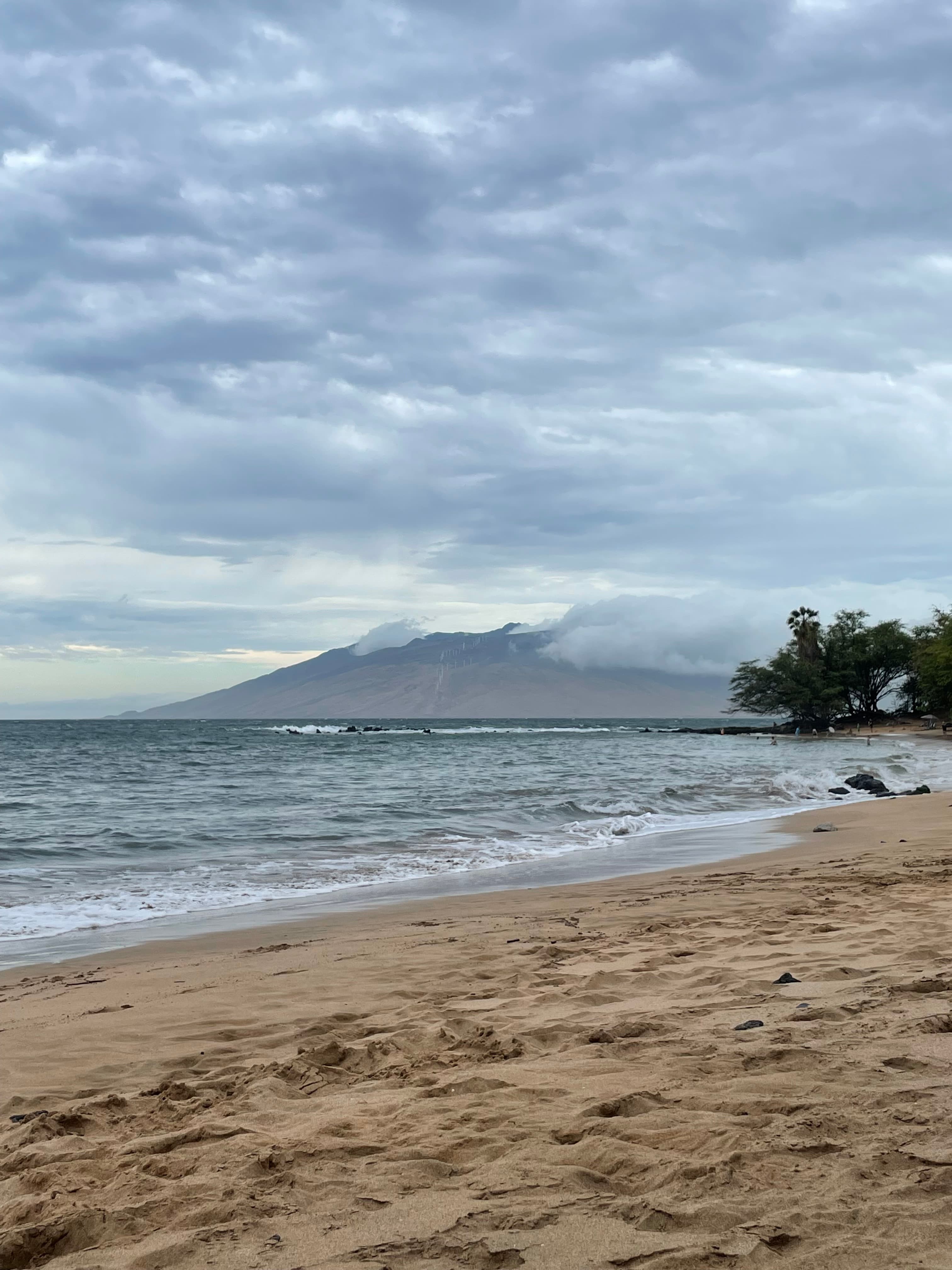 A view of the shoreline with a mountain range in the distance on a sunny day. 