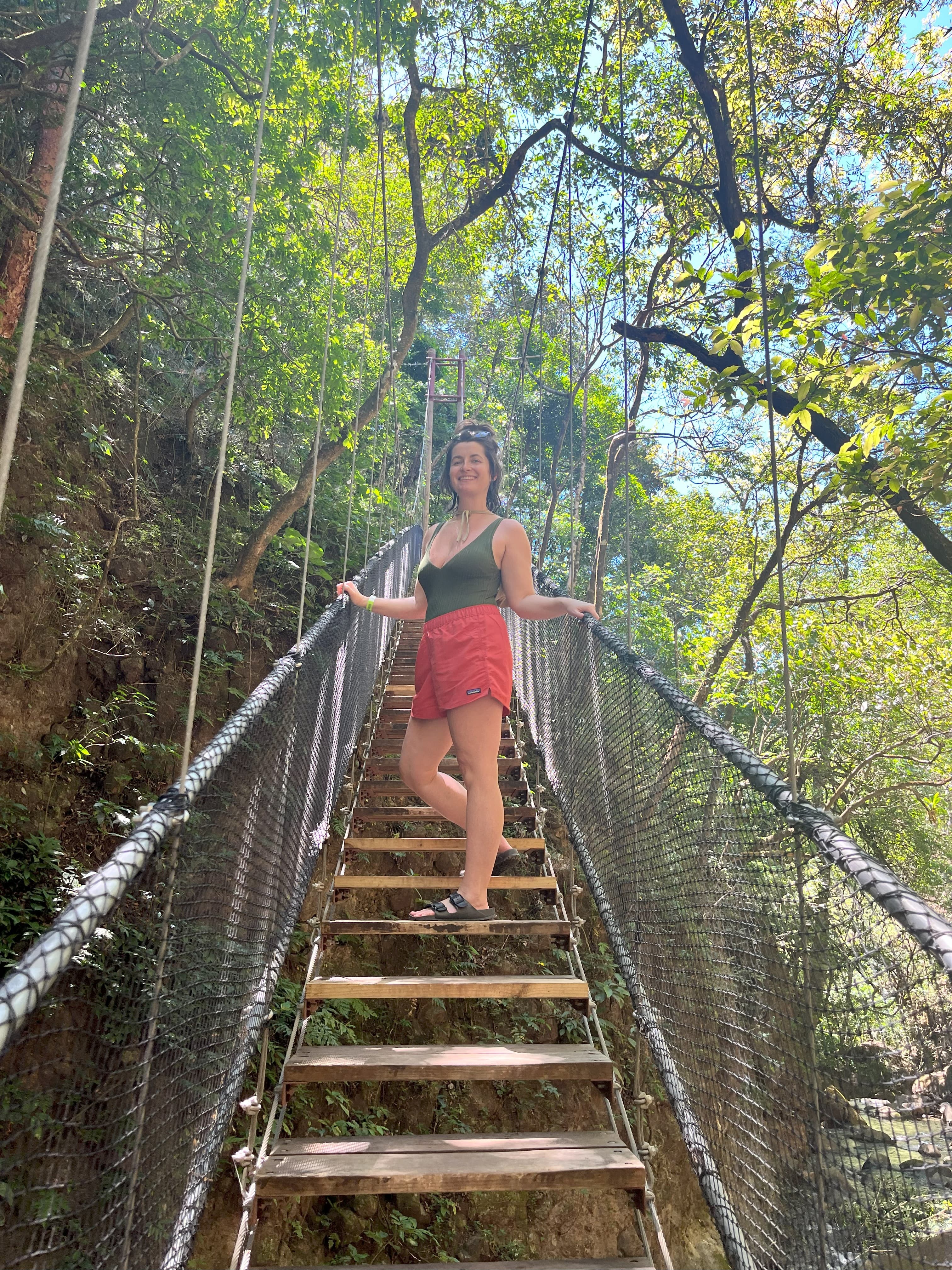 Climbing up stairs in the forest.