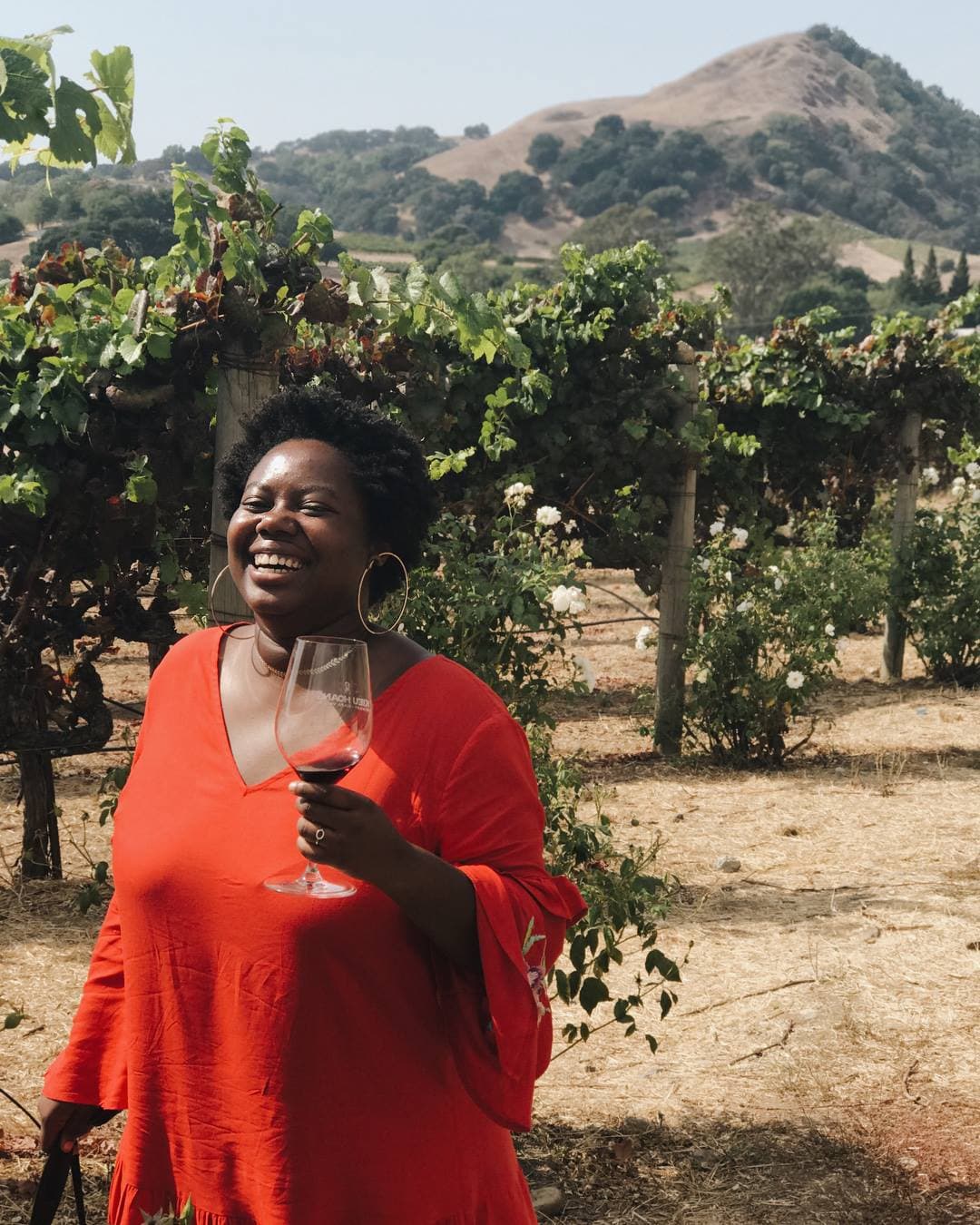 Advisor holding a glass of red wine in a vineyard on a sunny day