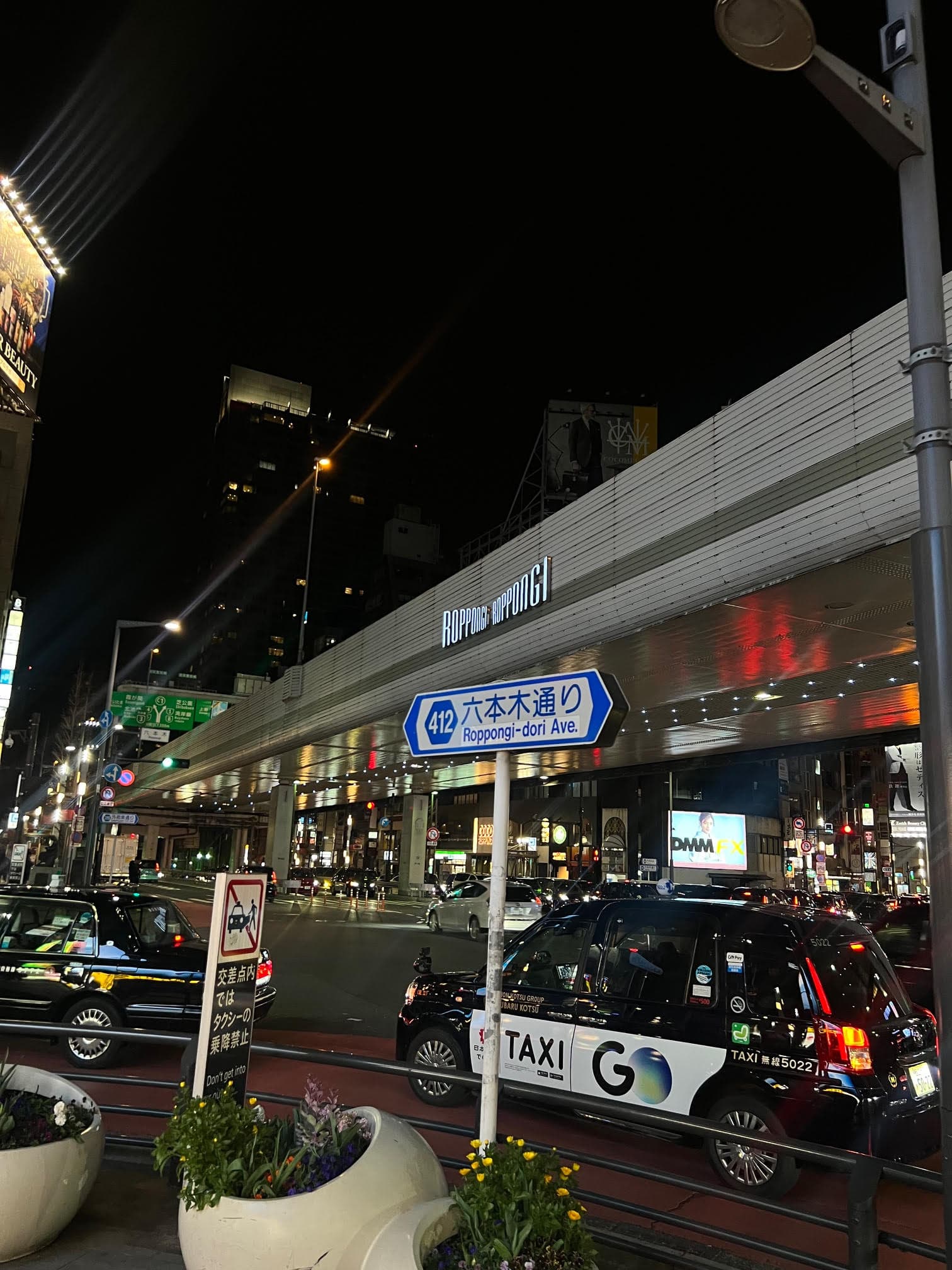 View of a city street lined with taxi cabs at night