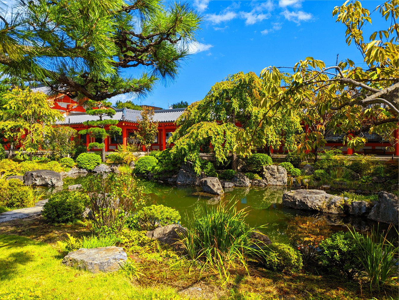 Beautiful, lush gardens reach toward a clear sky in Japan. 