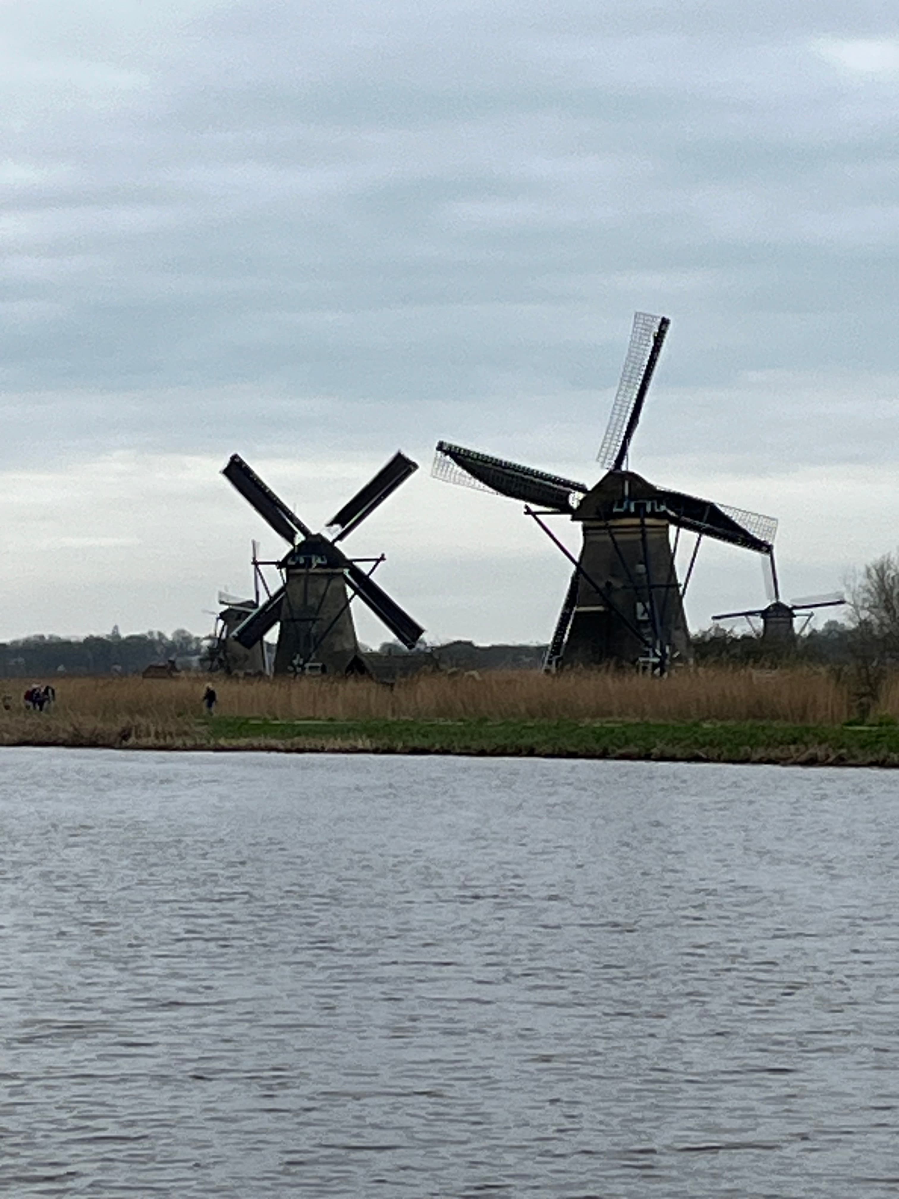 Windmills next to a river.