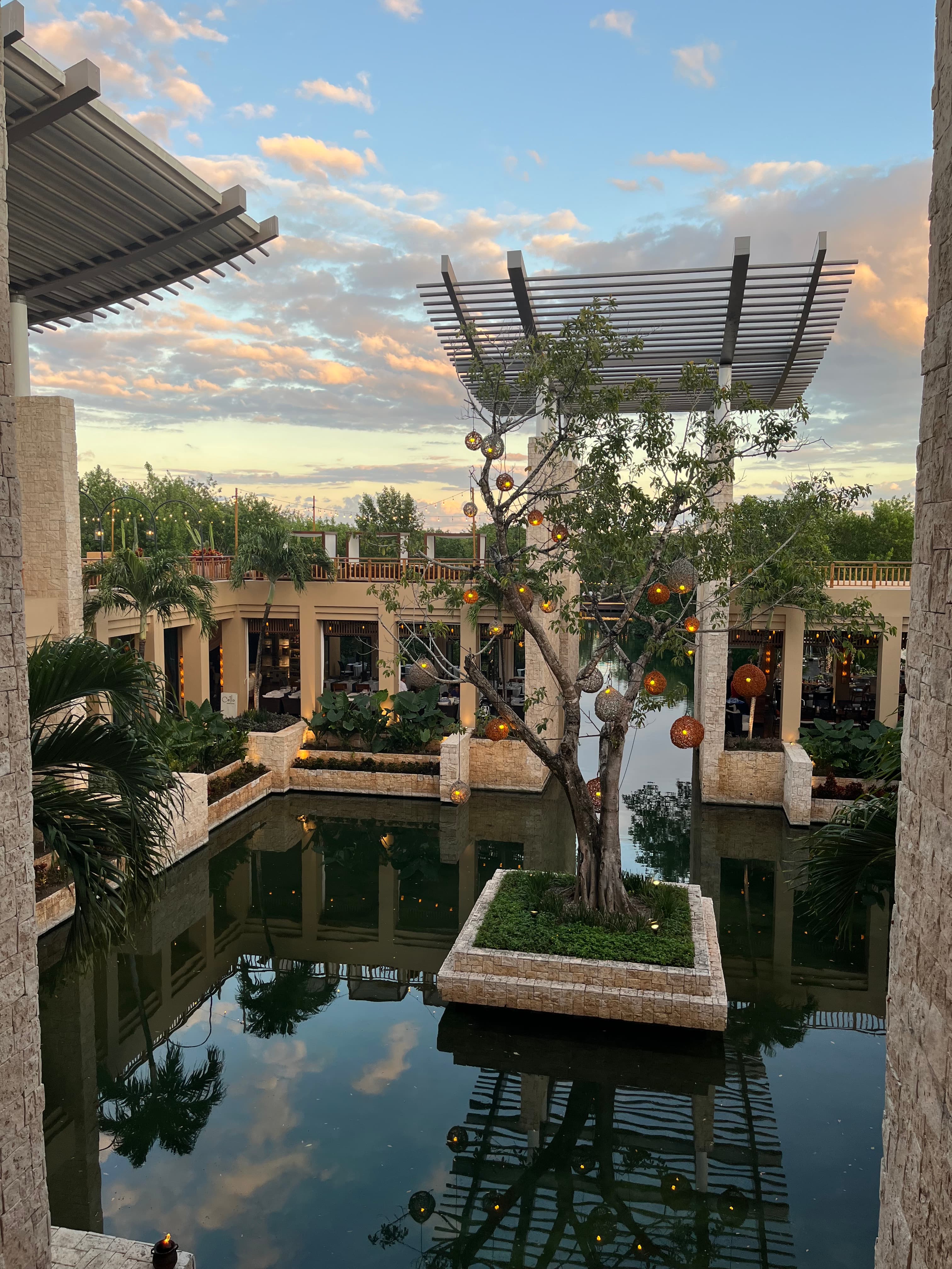 A stunning courtyard with a pool of water, lanterns and lots of foliage. 