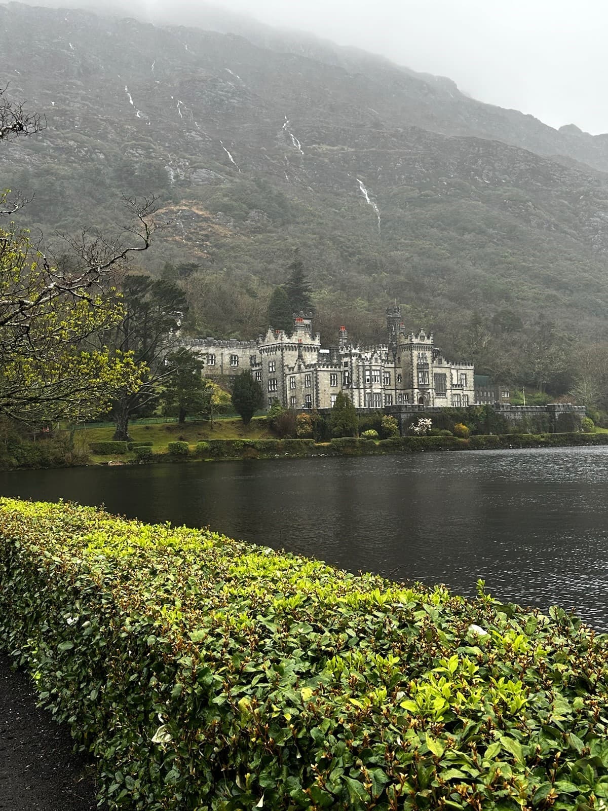 A castle stands at the water's edge on a sunny day surrounded by greenery. 