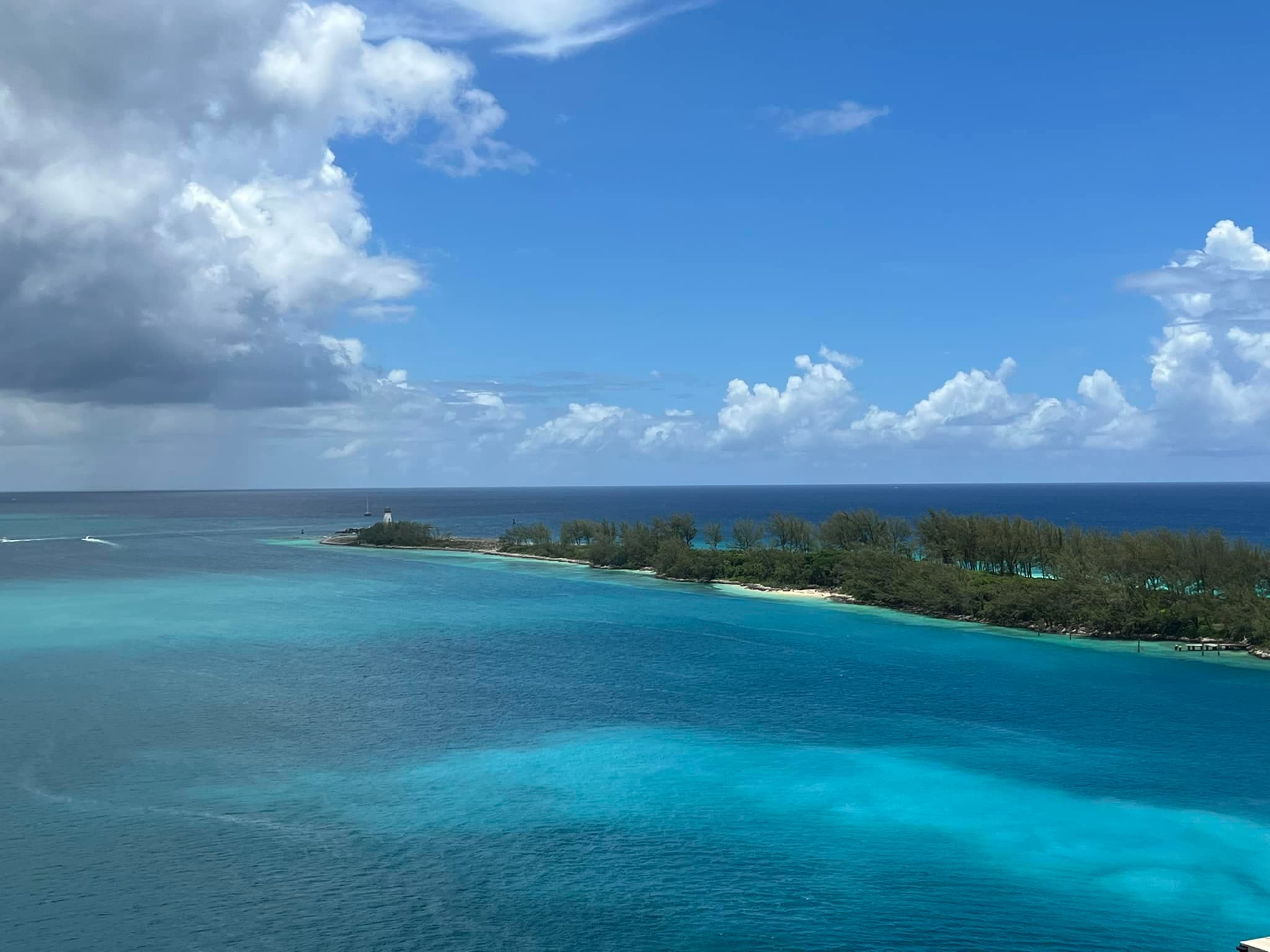 Aerial view of the ocean and a green coastal area on a sunny day