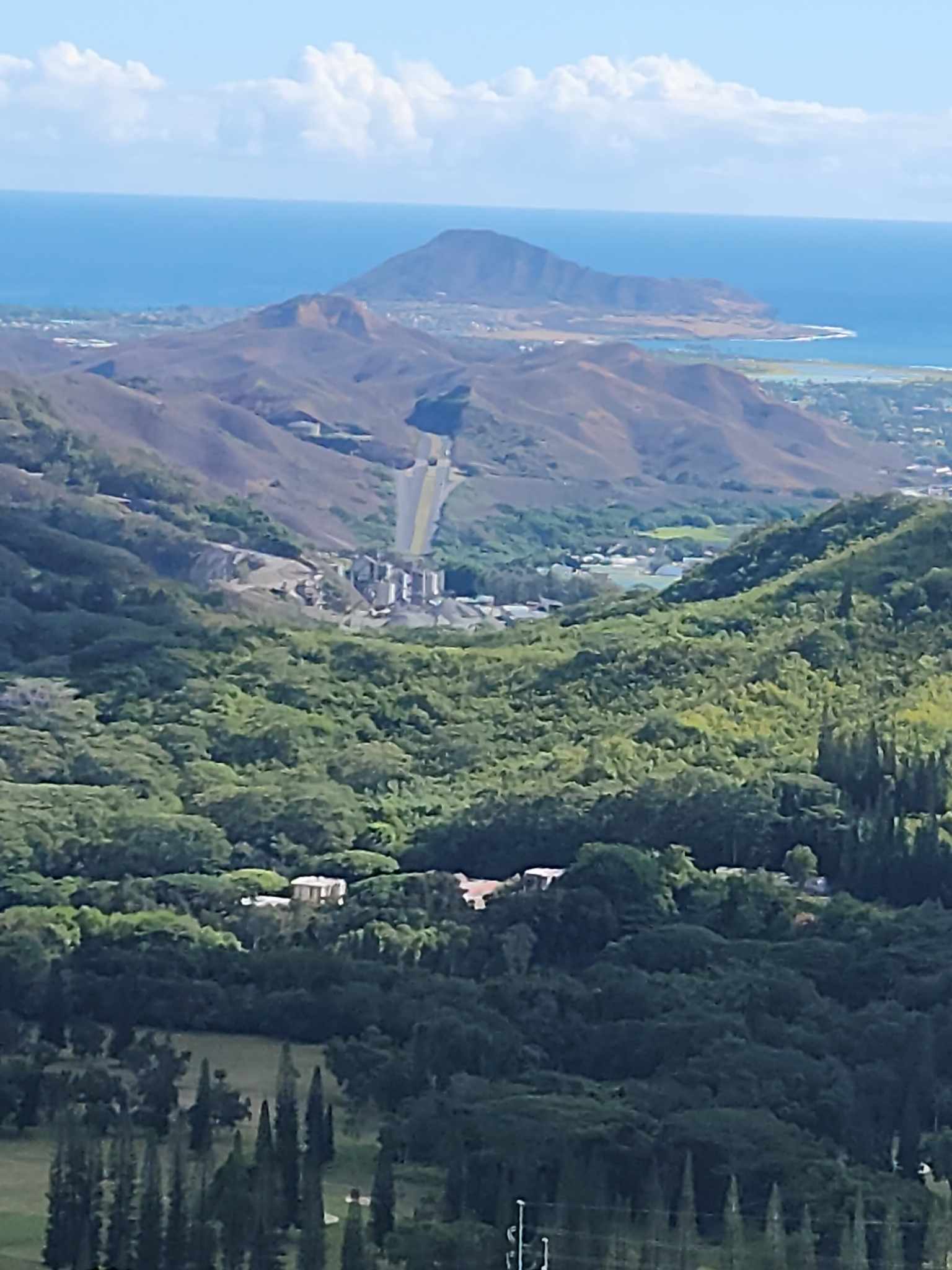 View of a beautiful lush green valley with the ocean in the distance