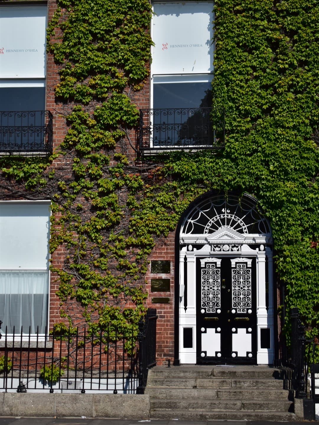 Image of a building with a white and black door and vines covering the facade