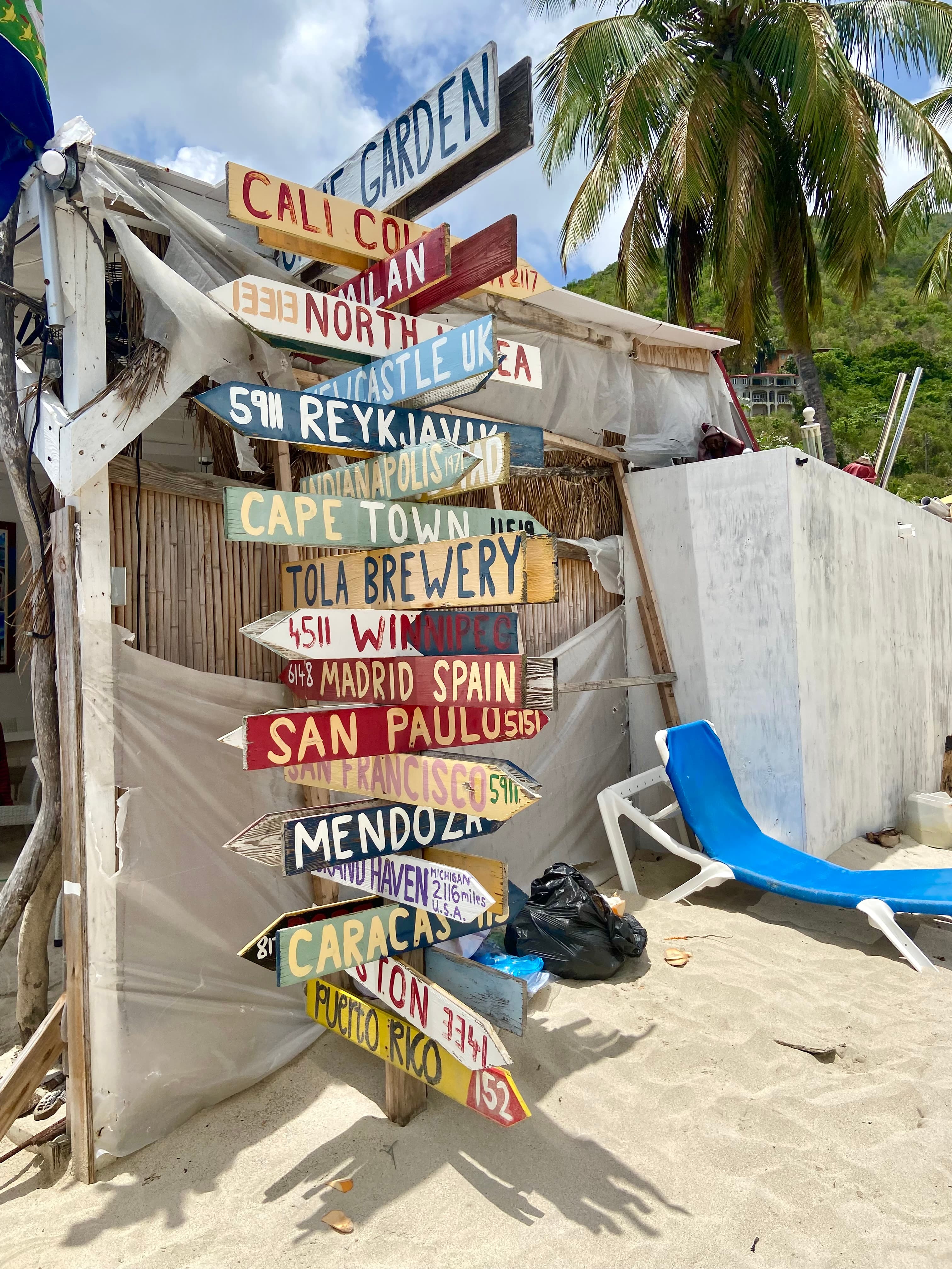 A view of directional arrows lining a pole outside in front of a beach shack and palm trees. 