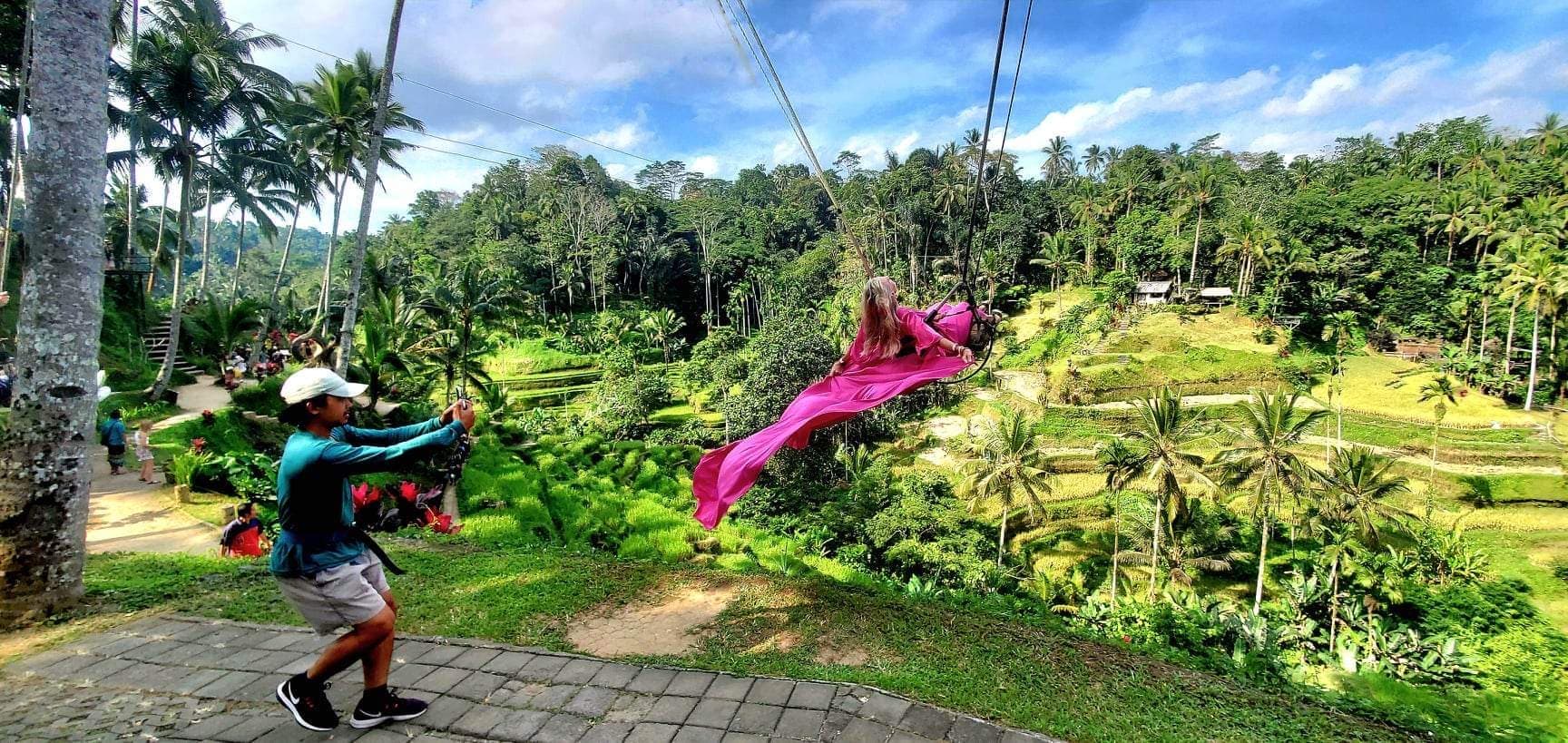 A person in a long pink dress swinging on a sing in front of a lush forest