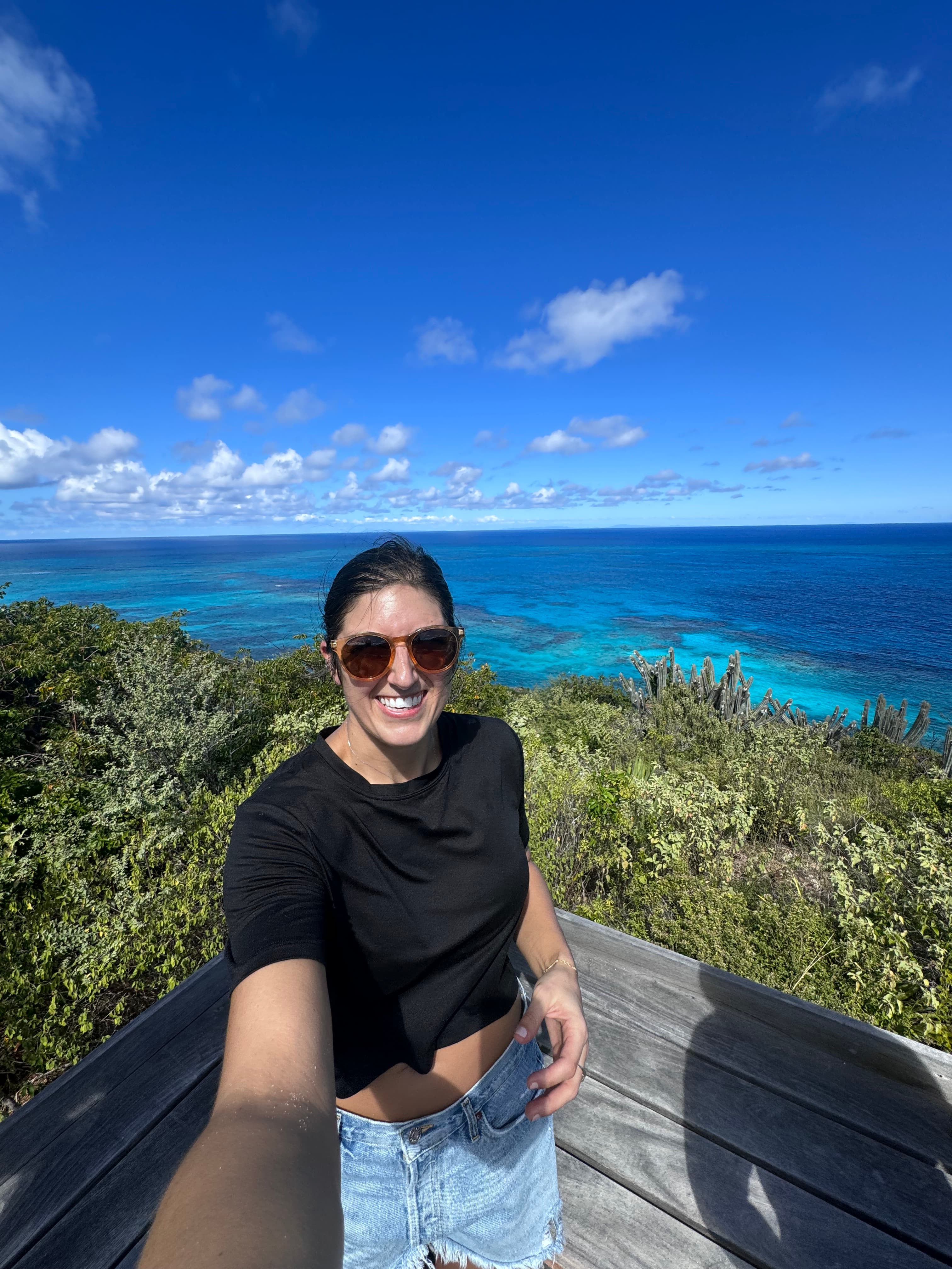 Advisor taking a selfie at a viewpoint overlooking the sea on a sunny day