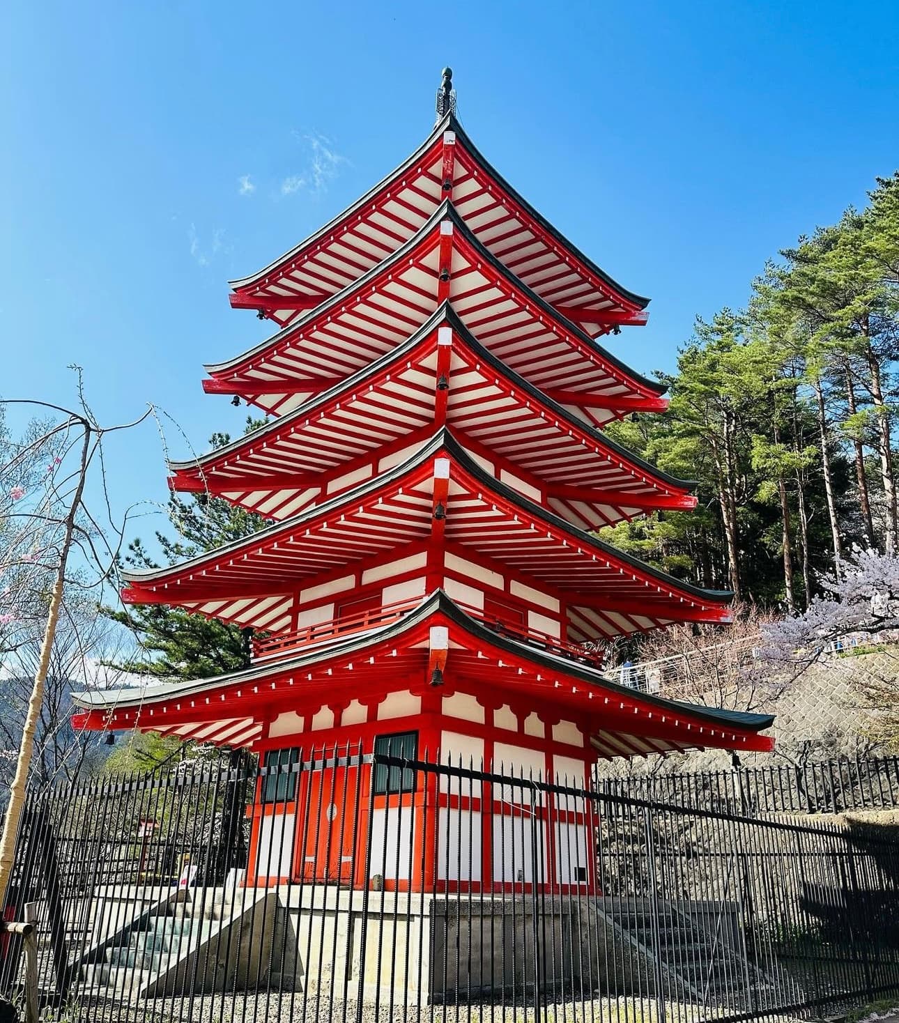 View of a five-tiered Japanese temple in red and white on a sunny day
