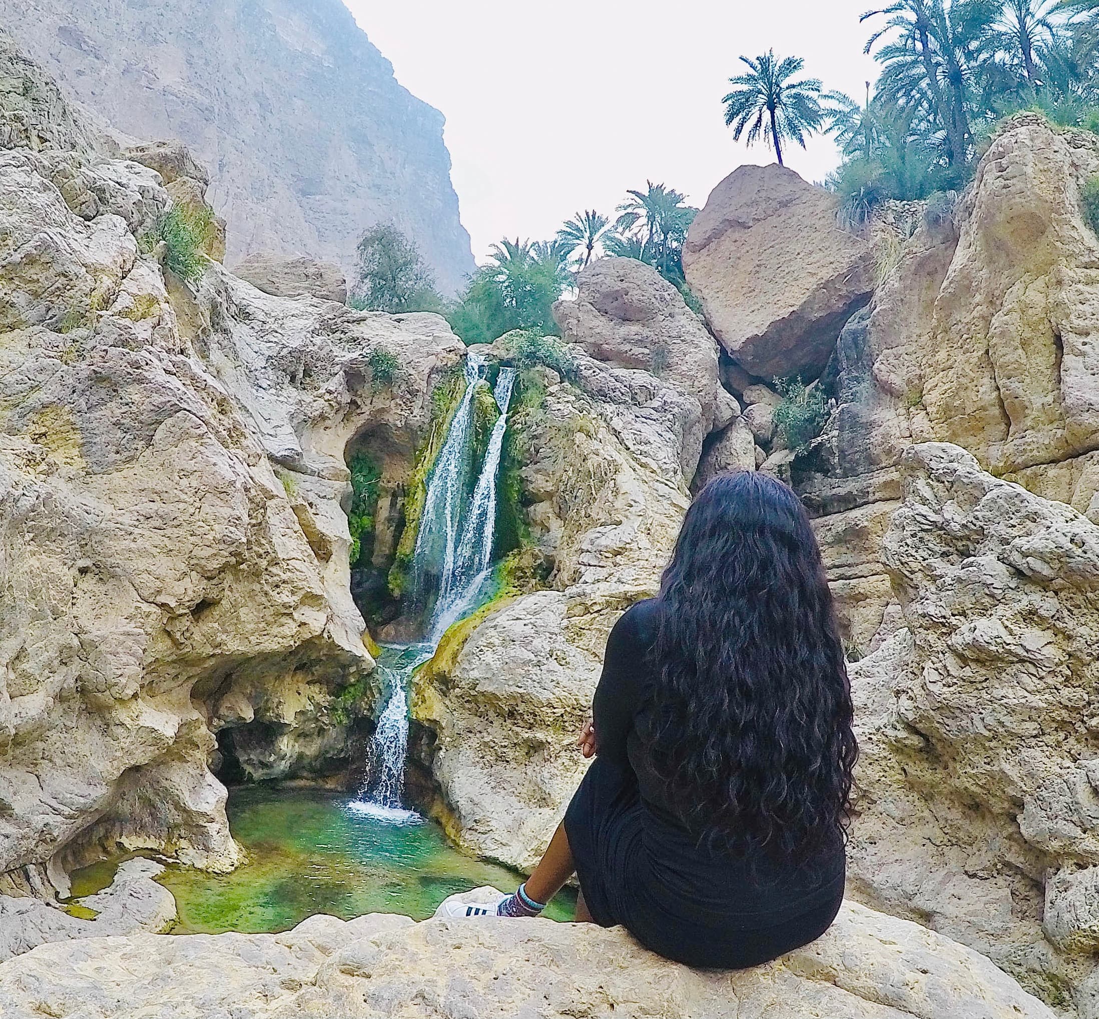 Advisor sitting on a rock facing a waterfall in the a tropical environment