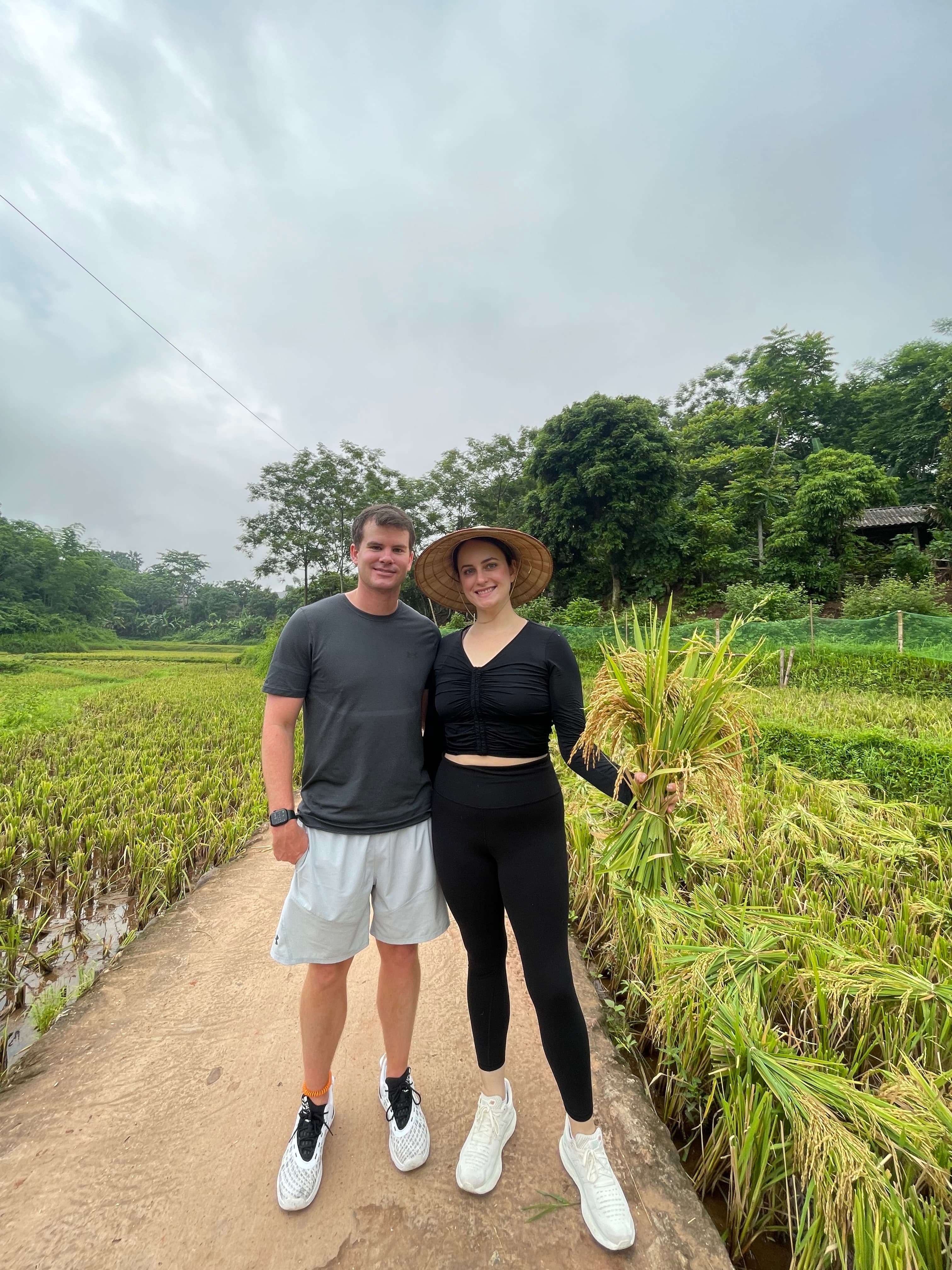 Between green fields.