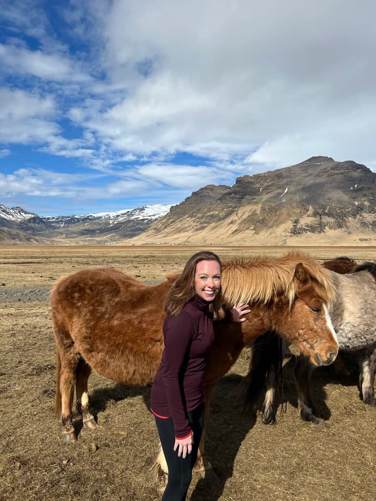 Advisor holding the reins of a brown horse on a vast plain under partly cloudy skies