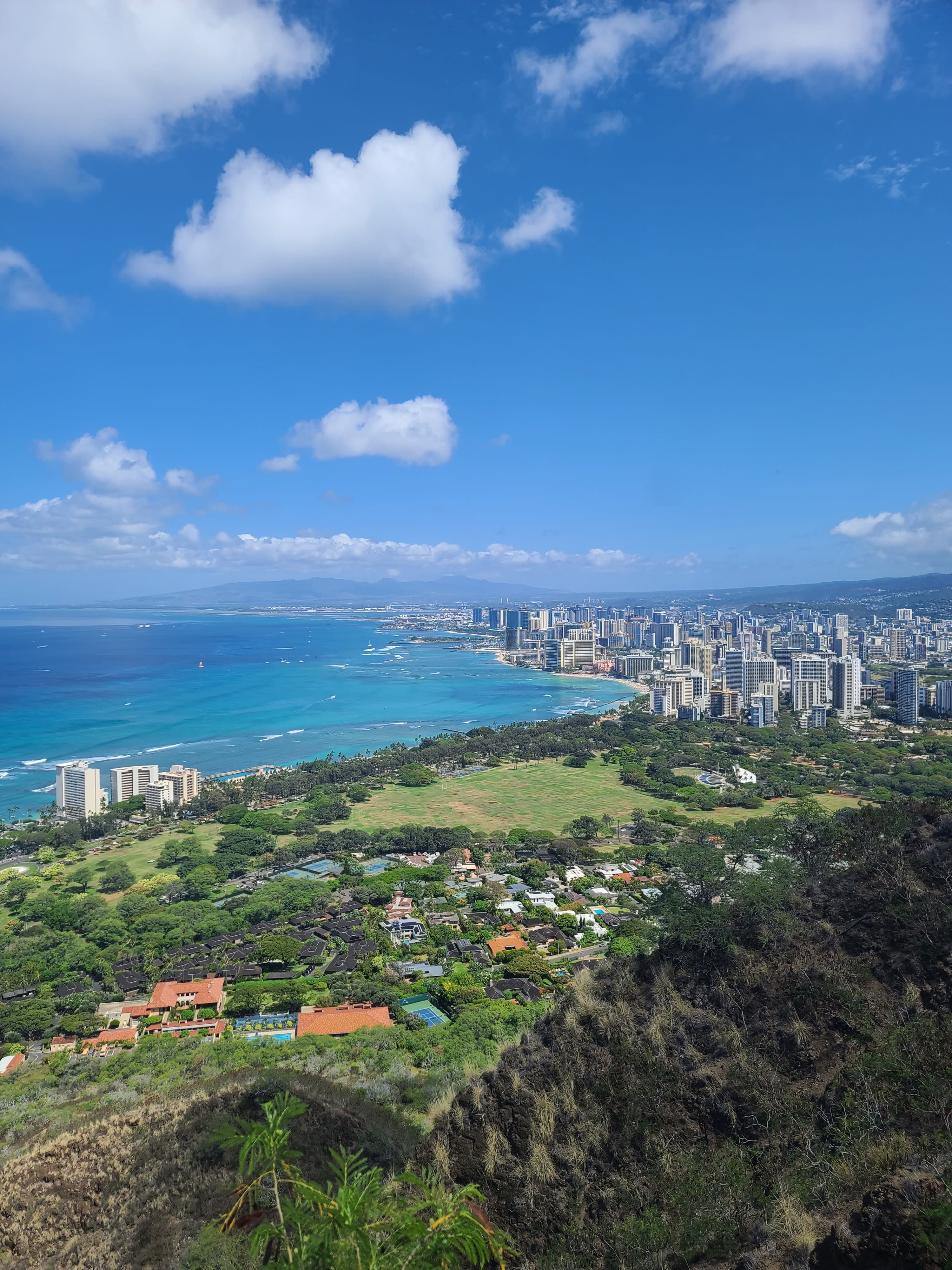 An aerial view overlooking a coastal city with green grasses, tall buildings, trees on a mountainside and the ocean washing up on the sand on a sunny day.