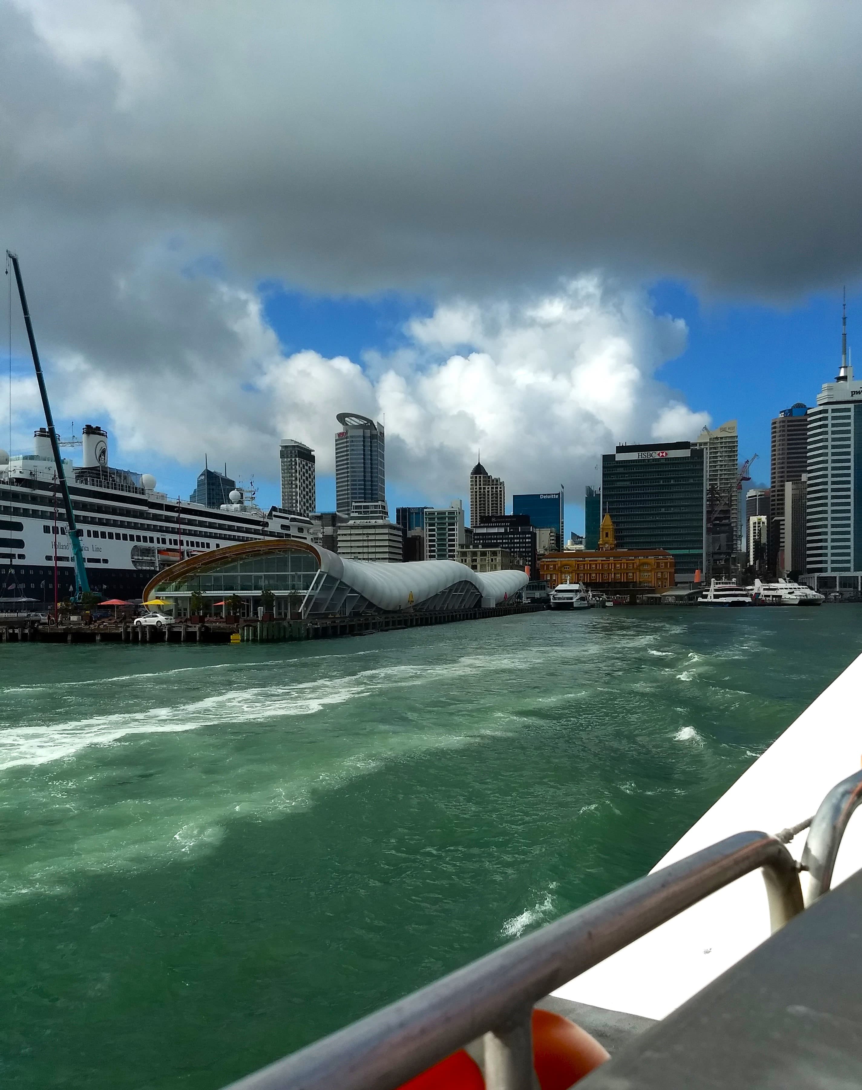 View of a ship on the water during cloudy weather.