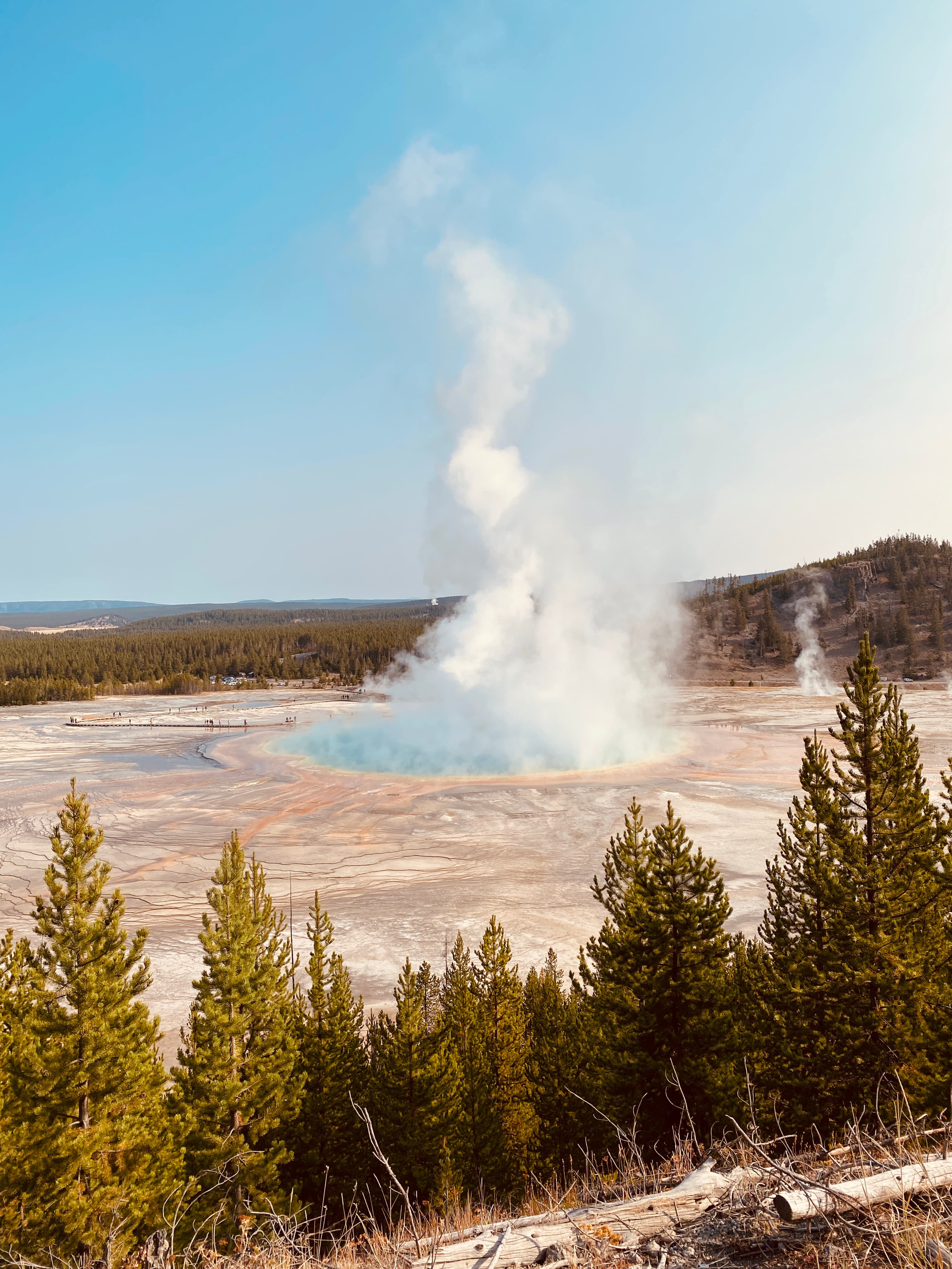 Beautiful image of a steaming geyser in a park under clear skies
