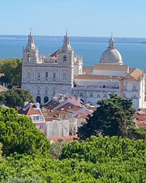 Distant view of a large cathedral complex by the sea on a clear day