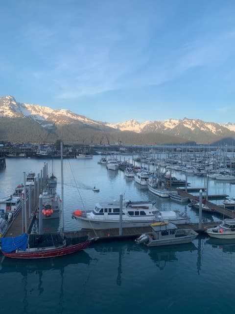 View of small boats docked at a marina and a mountain range in the distance under clear skies